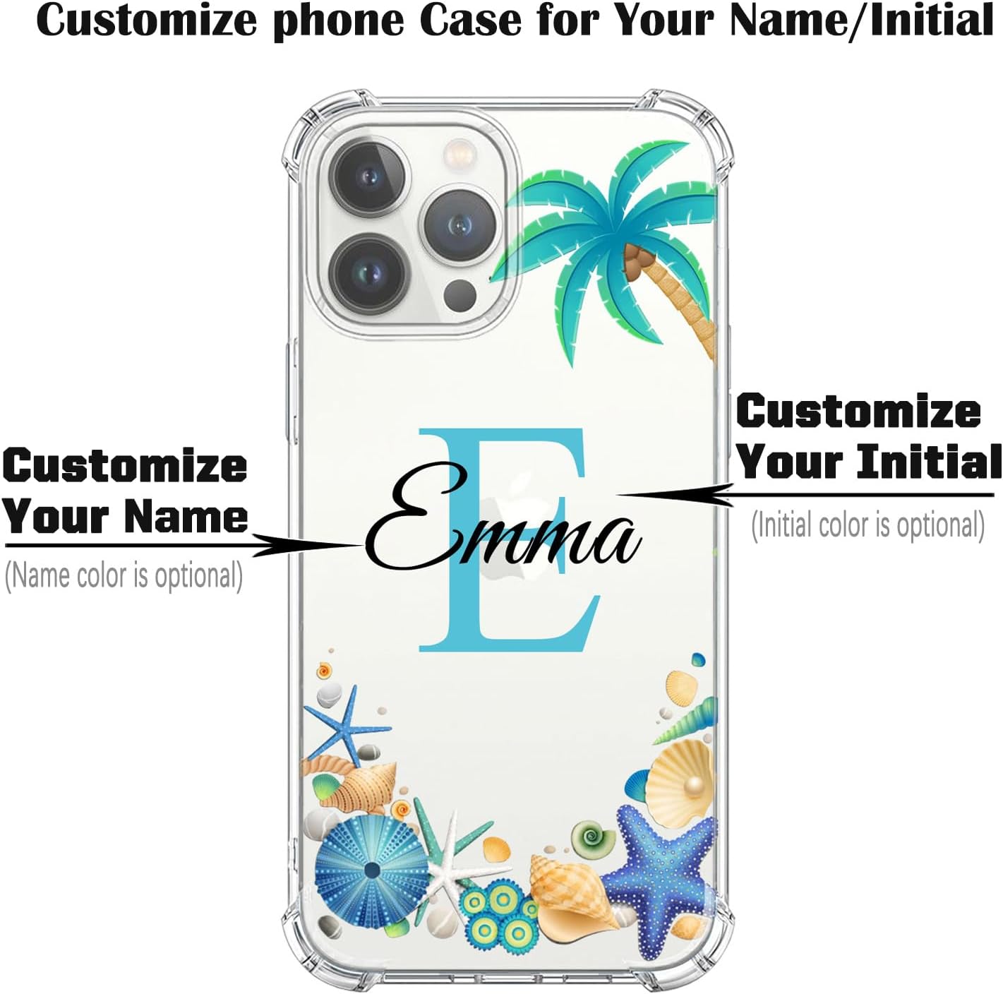 Nombre personalizado e inicial  Concha de playa  Funda transparente para iPhone 15 14 Pro Max 13 12 11 Xs Max Xr SE3 8 7 6 Plus 11 Pro Mini, con