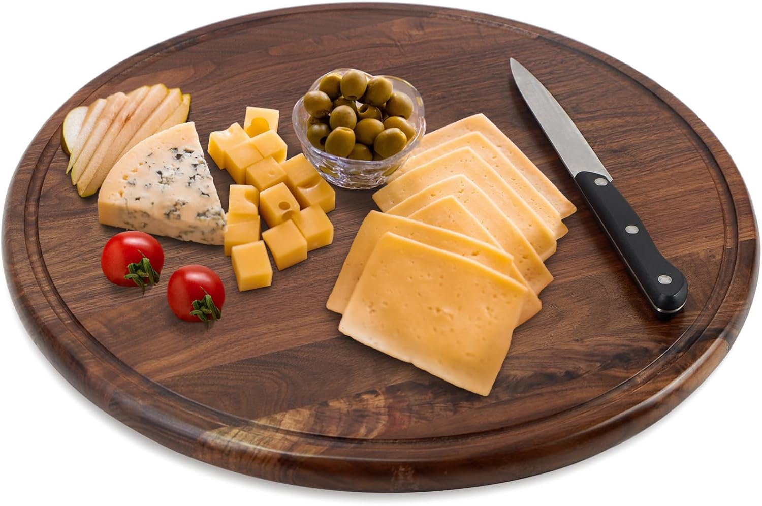 MAGIGO Tabla de cortar redonda de madera de nogal de 16 pulgadas para cocina, tabla de cortar de madera con ranuras de jugo