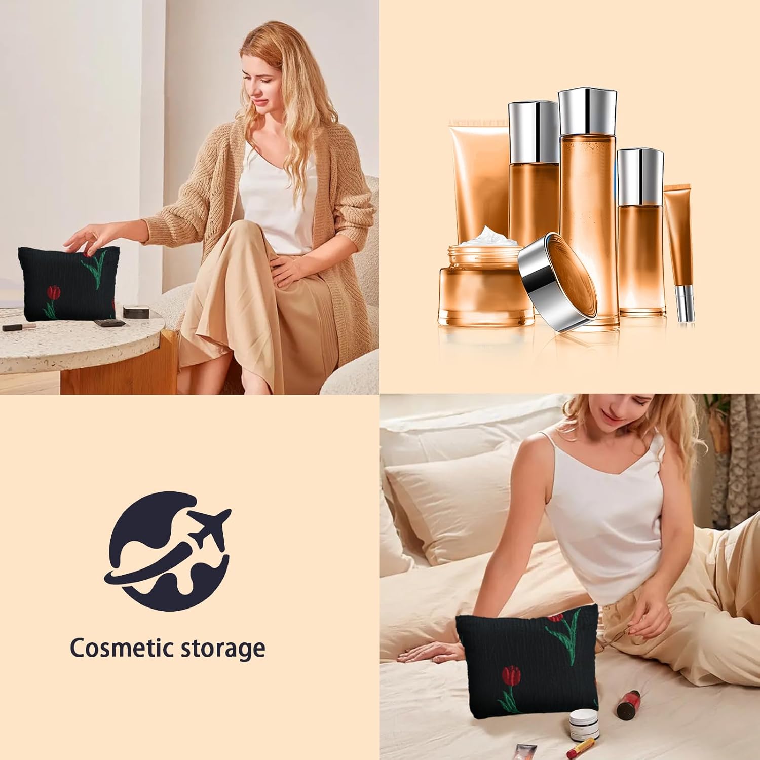 LYDZTION Bolsa de maquillaje de tulipán negro para mujeres, bolsa de maquillaje de lona de gran capacidad, bolsa de aseo de viaje, organizador de