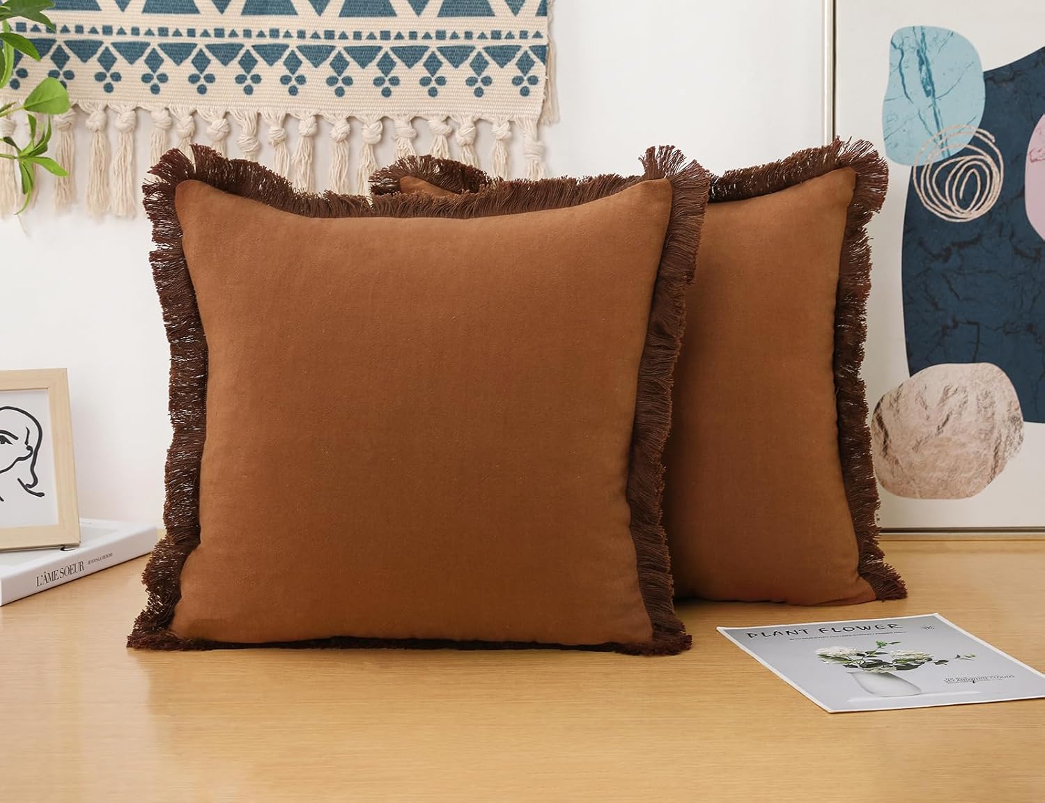NUYECY Juego de 2 fundas de almohada de lino natural con flecos, fundas de almohada decorativas neutras de color marrón claro con borlas elegantes