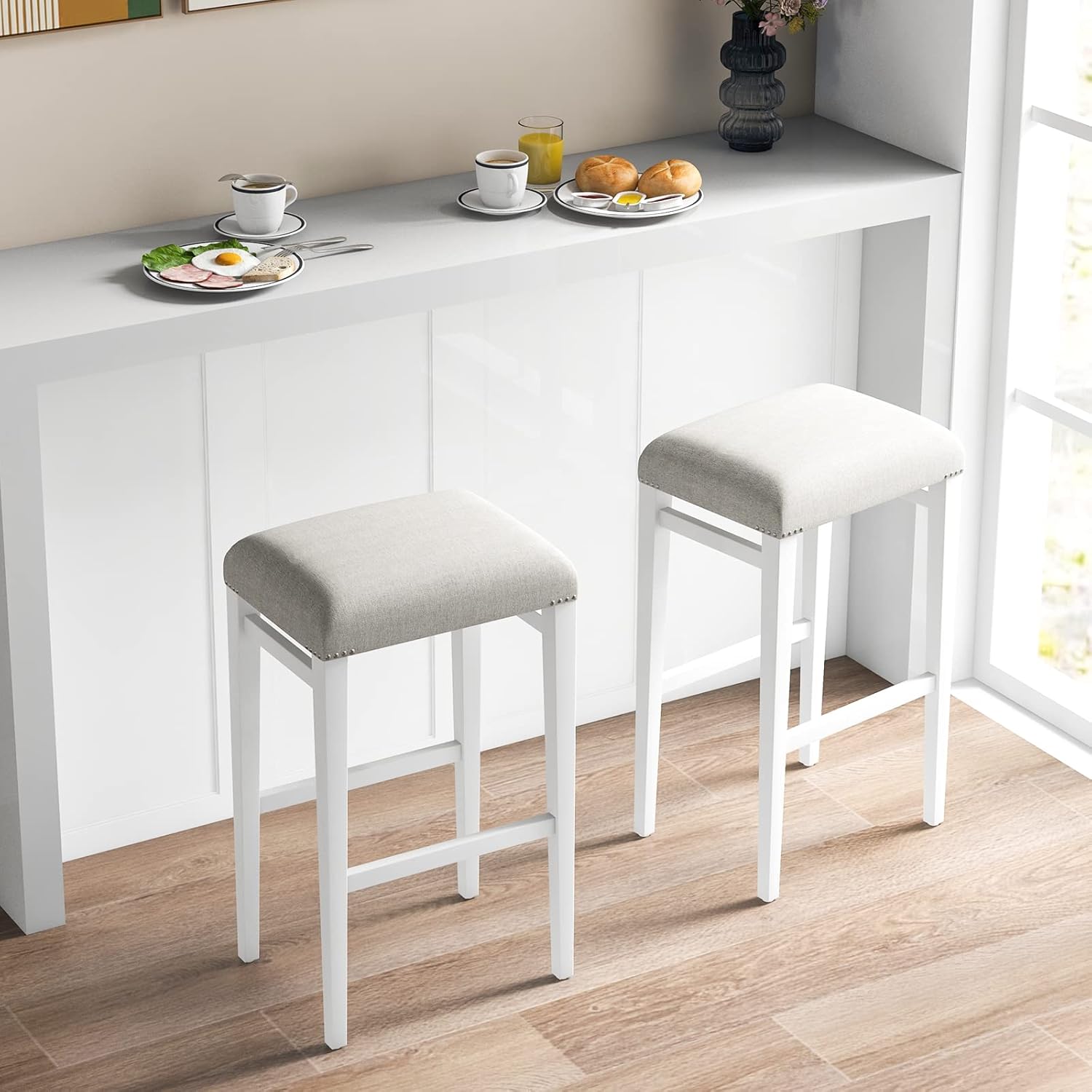 COSTWAY Juego de 2 taburetes de bar de 29.5 pulgadas de altura de mostrador con cojines de asiento acolchados, patas de madera de caucho natural,