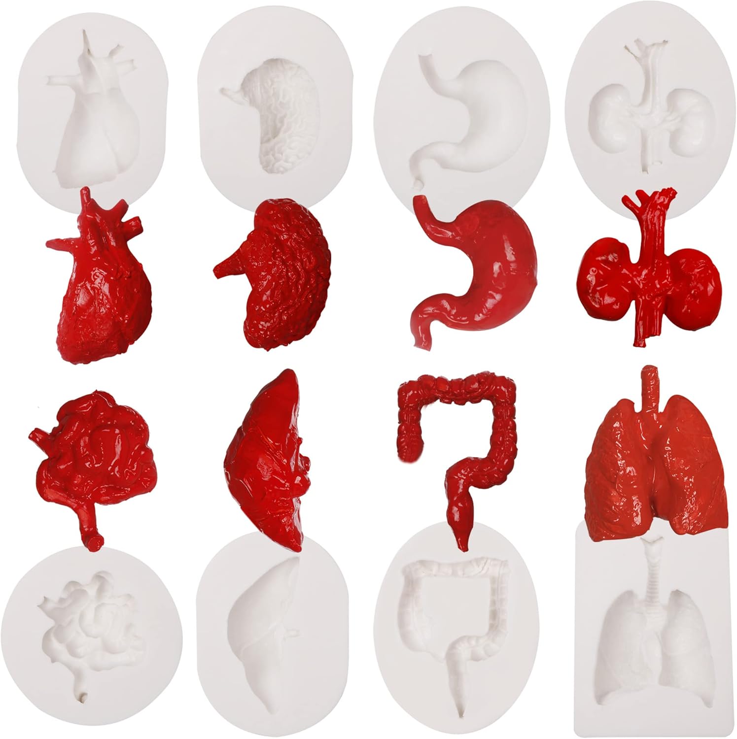 Moldes de silicona para órganos humanos, 8 unidades para Halloween, corazón, cerebro, hígado, estómago intestinal, moldes de fondant de chocolate