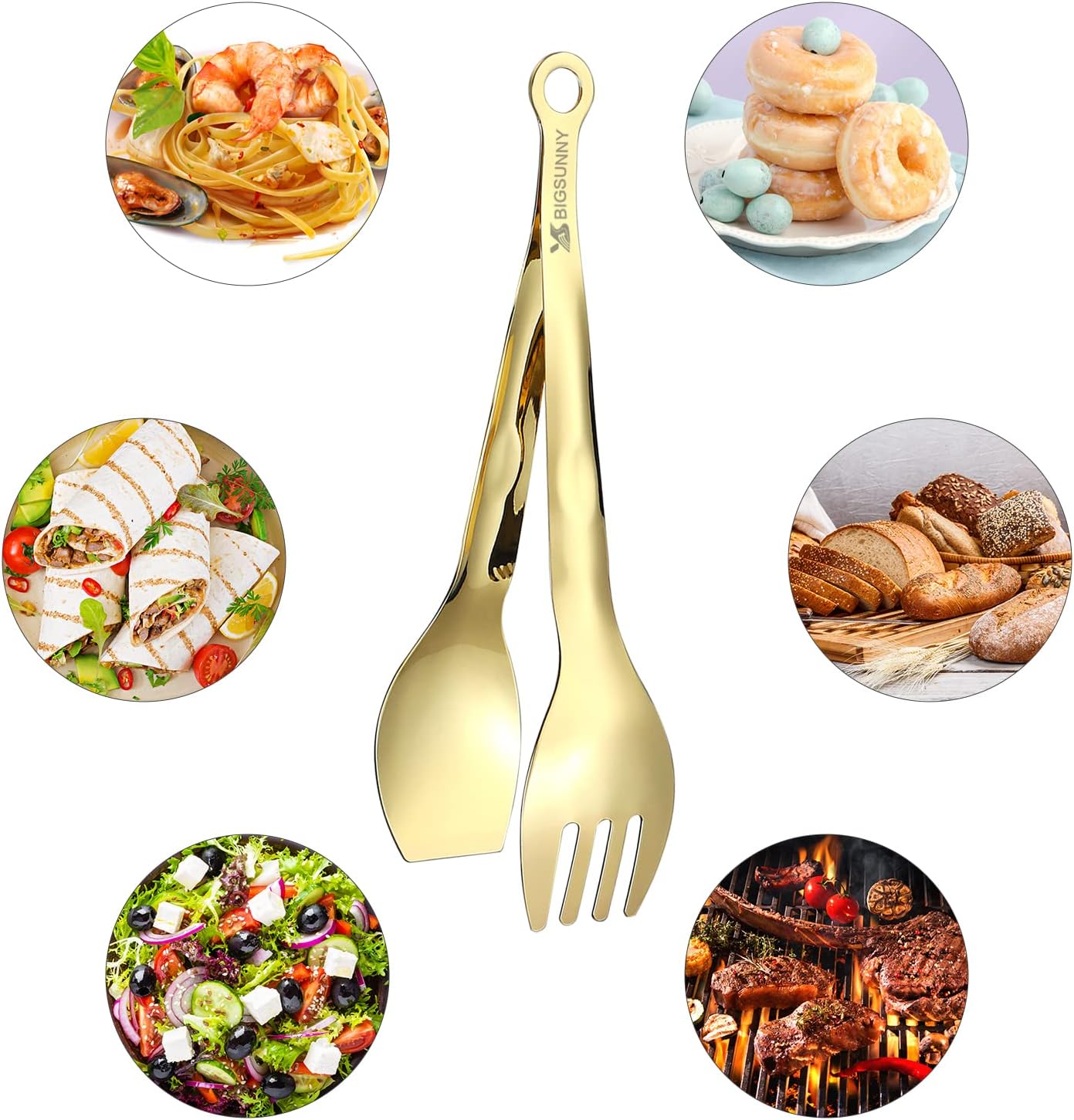 MSY BIGSUNNY Pinzas de cocina – Pinzas de acero inoxidable para servir alimentos, juego de 2 (dorado, 9 pulgadas)