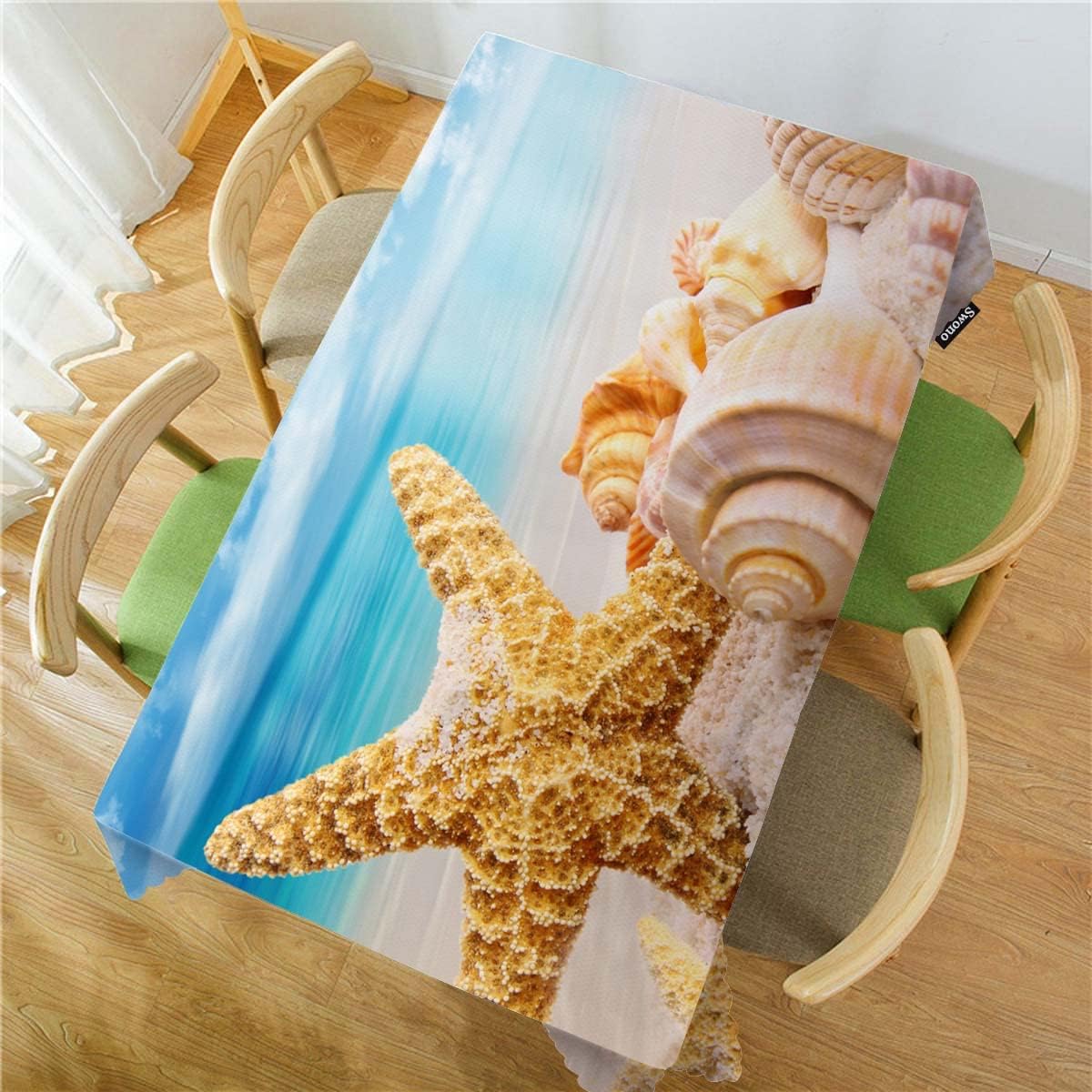 Swono Seashell – Mantel oblongo, de 52 x 70 pulgadas, diseño de océano tropical, estrellas de mar y conchas marinas, sin arrugas, mantel de granja