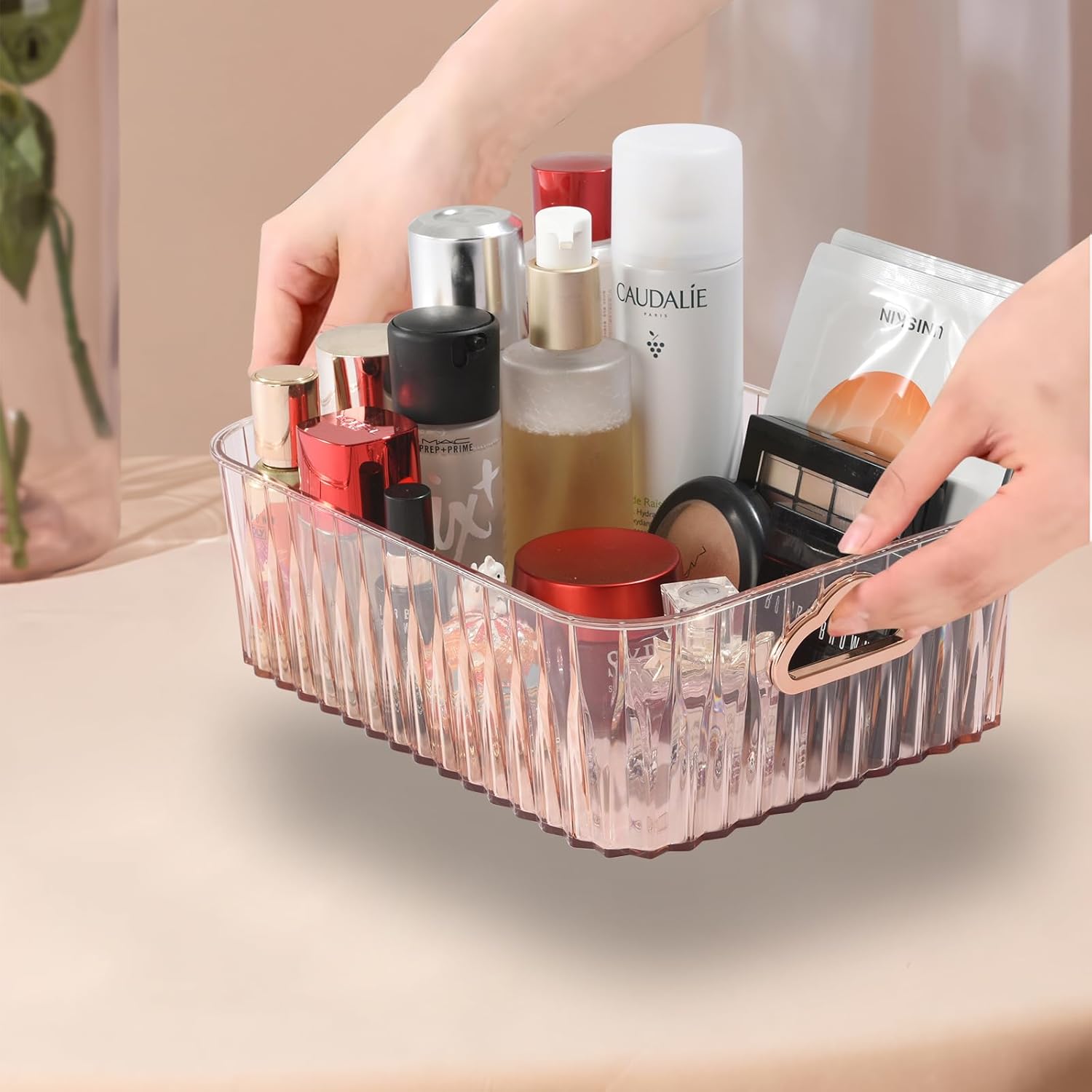 WINJECEI Paquete de 2 organizadores de maquillaje verde y rosa, organizadores de tocador de gran capacidad de 10 x 8 pulgadas con asa, organizadores