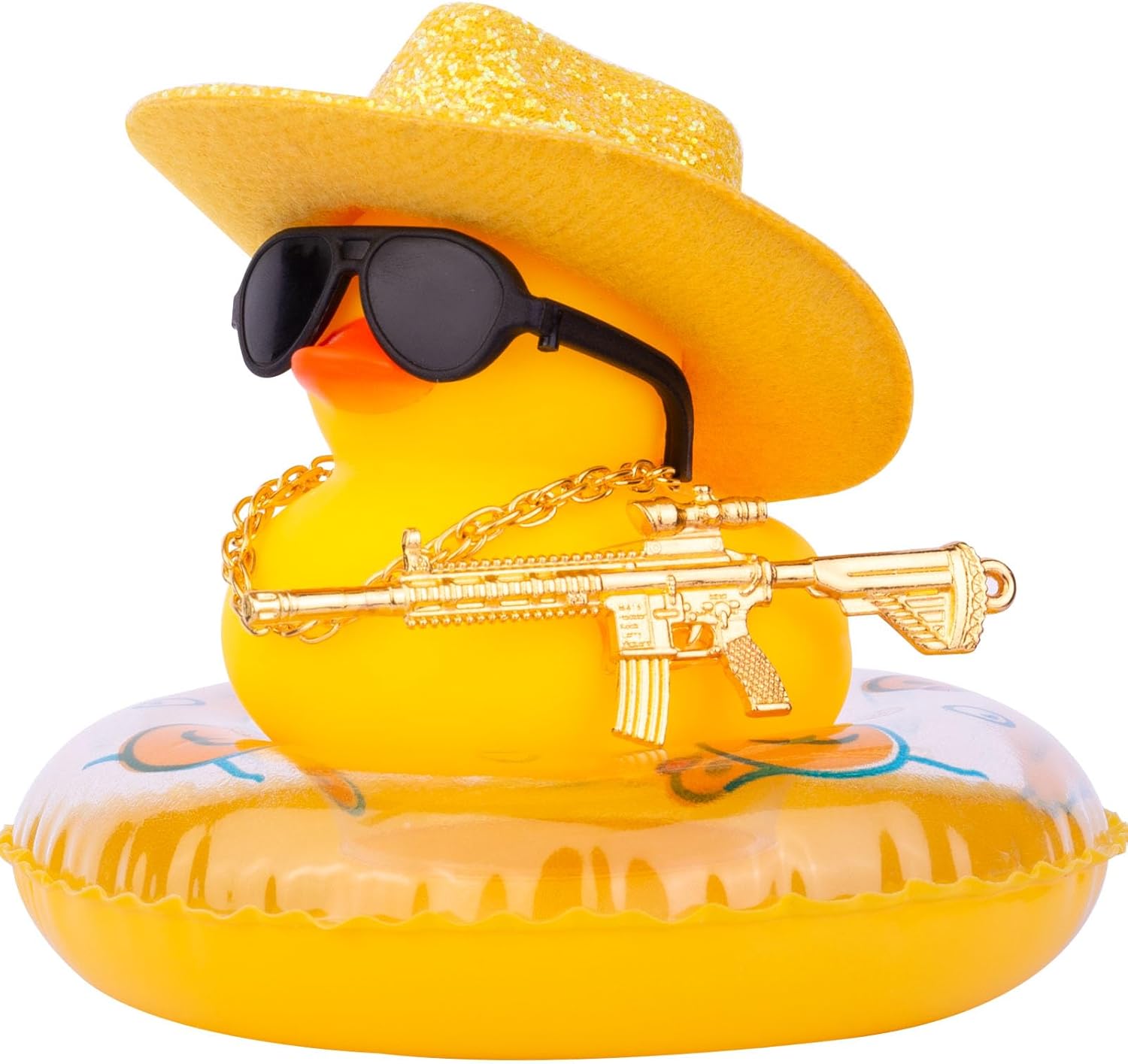 Tablero de instrumentos de decoración de pato de automóvil, accesorios de adorno de tablero de automóvil con mini sombrero de vaquero con purpurina,