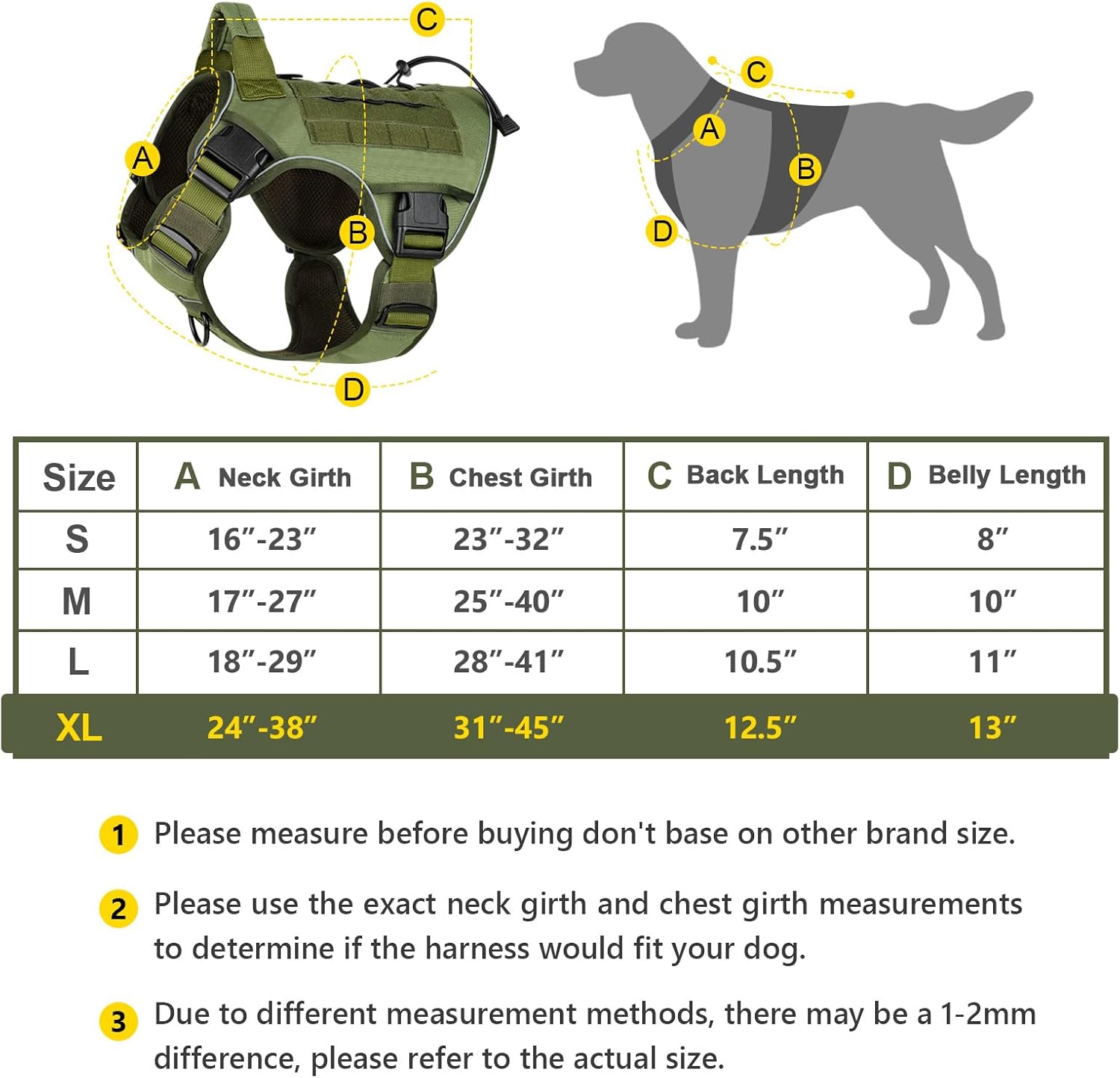WINGOIN Arnés táctico verde con asa para perros grandes, antitirones, ajustable, reflectante, K9, chaleco militar con asa de fácil control y par de