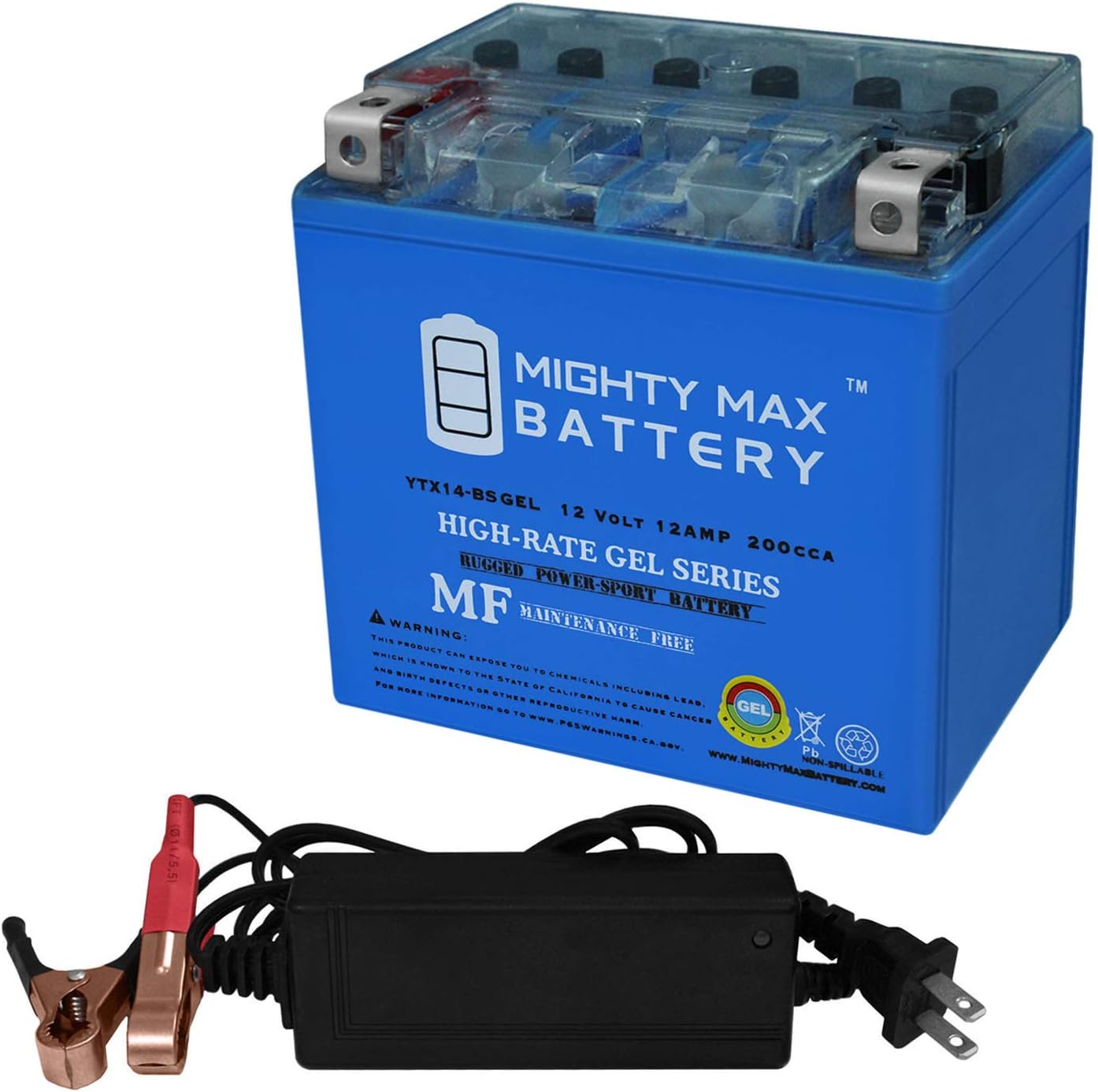 YTX14-BSGEL – Batería de repuesto compatible con Moto Guzzi 750 Scrambler, Stone 13-20 + cargador de 12 V de 2 amperios