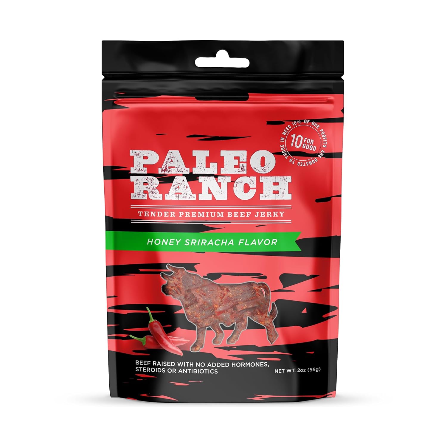 PALEO RANCH Grass-Fed Beef Jerky, All Natural, No Added Hormones, No Preservatives, 2-oz. Pouches, 8-Pack (Honey Sriracha)