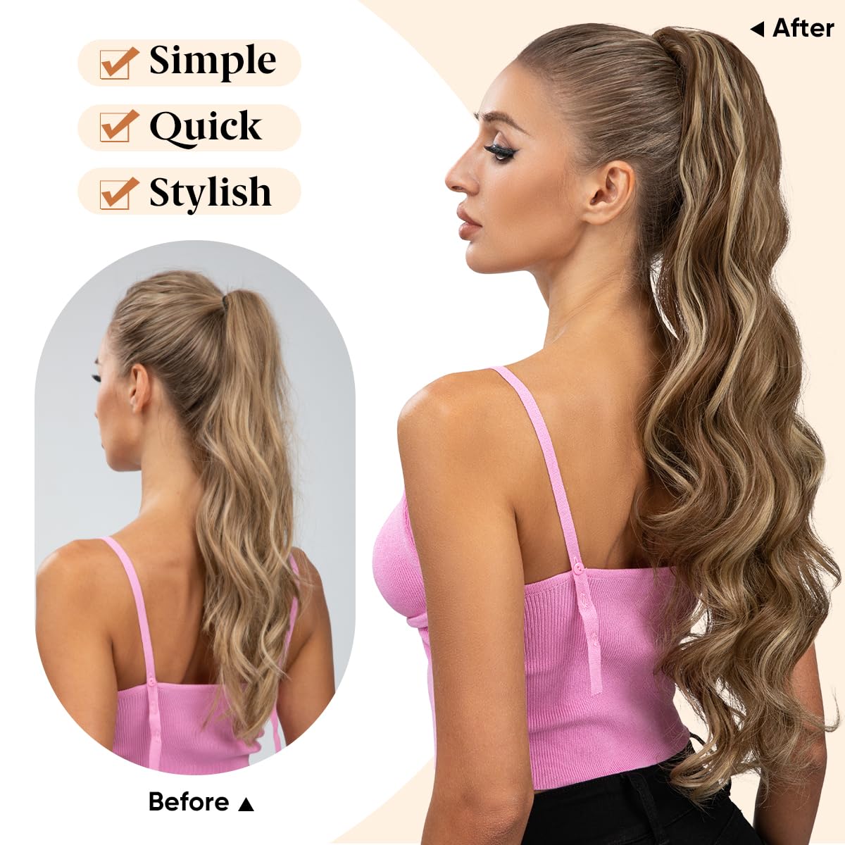 Extensiones de cola de caballo sintéticas resistentes al calor, 26 pulgadas de largo, esponjosas, onduladas, para mujer, color negro y marrón