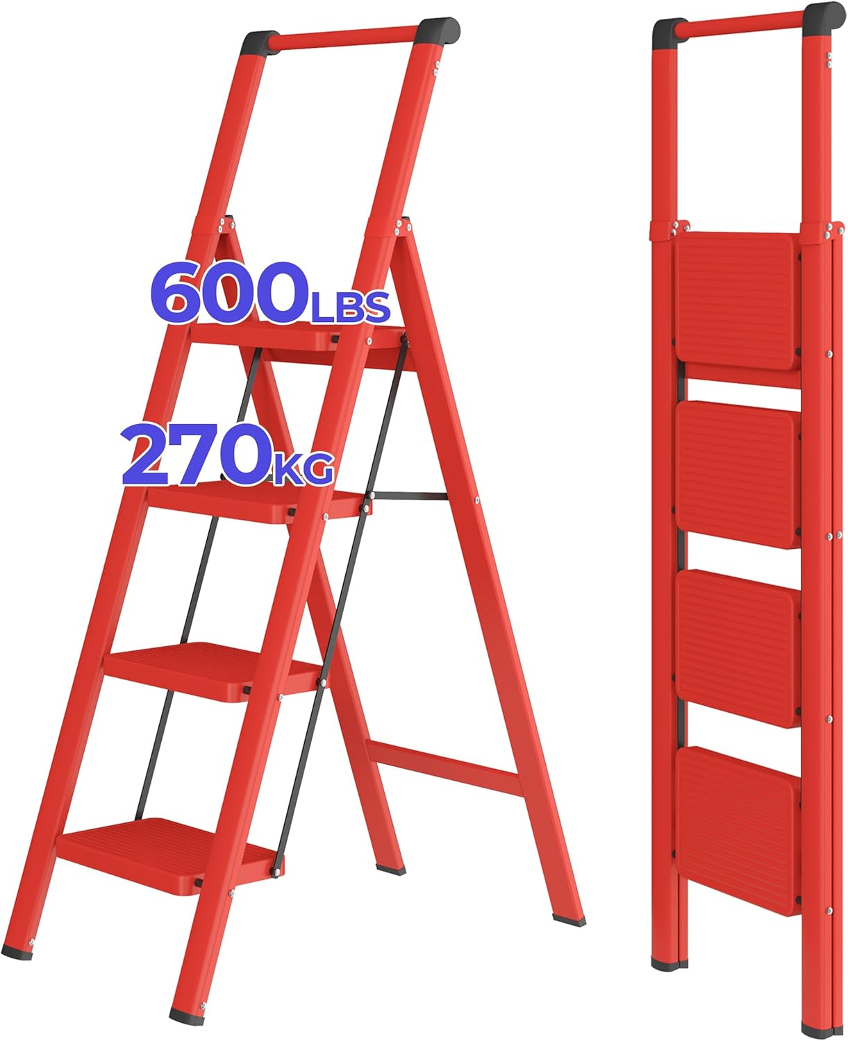 JOISCOPE Escalera de 4 escalones, taburetes plegables para adultos con pedal antideslizante ancho, escalera de acero ligera y resistente de 600