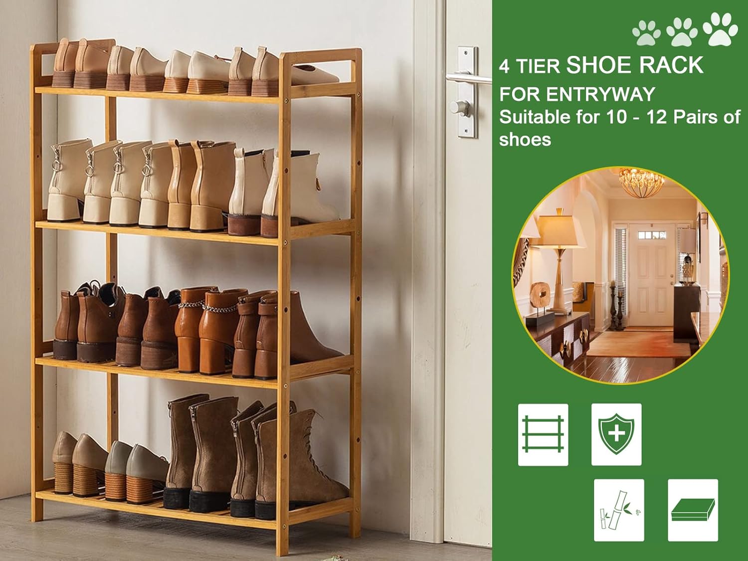 Zapatero de madera de 4 niveles para botas y zapatos  Estante organizador de botas de bambú y madera, estante de almacenamiento ajustable para