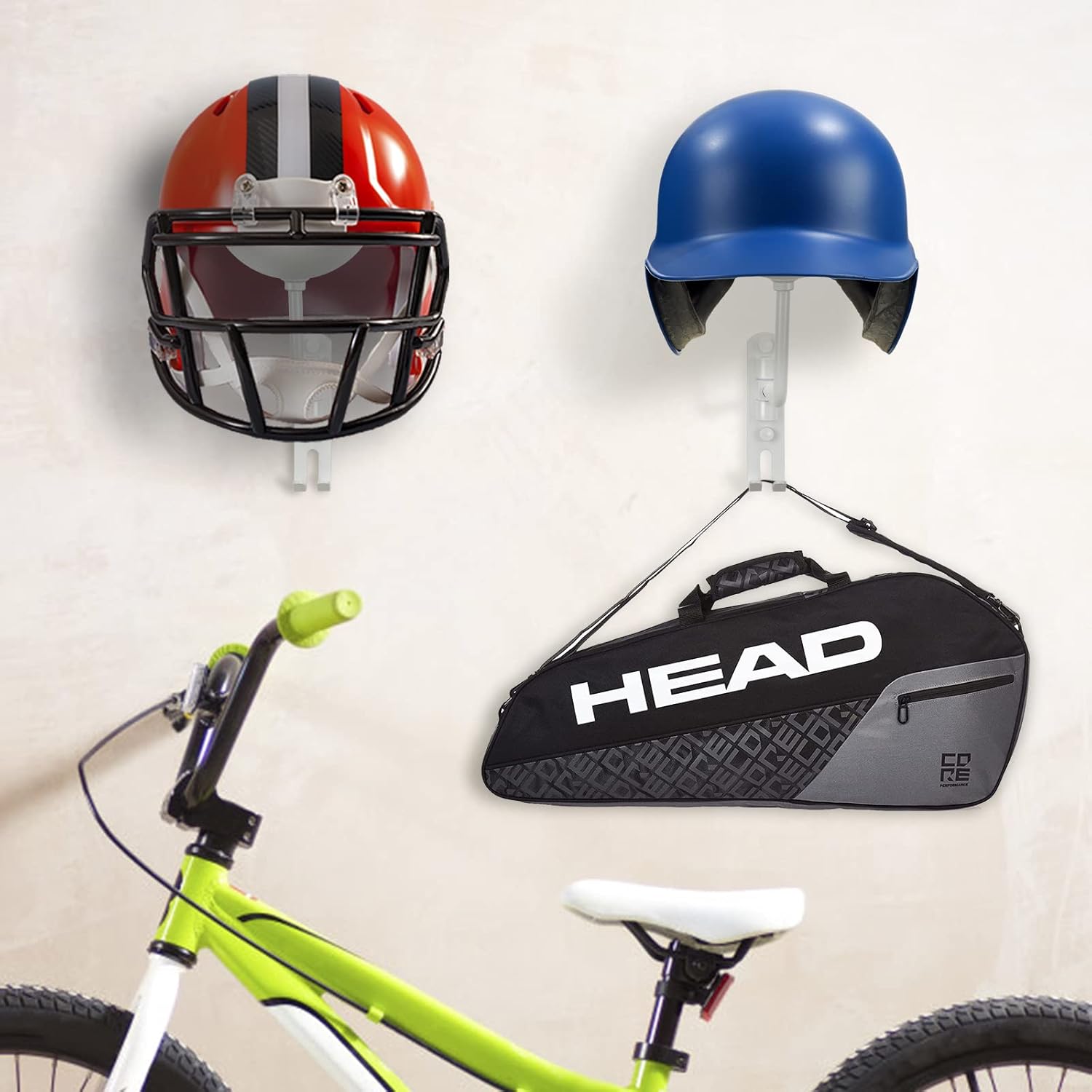 Soporte blanco para casco con 2 ganchos, soporte para casco de fútbol montado en la pared, soporte para casco de motocicleta, estante para chaqueta