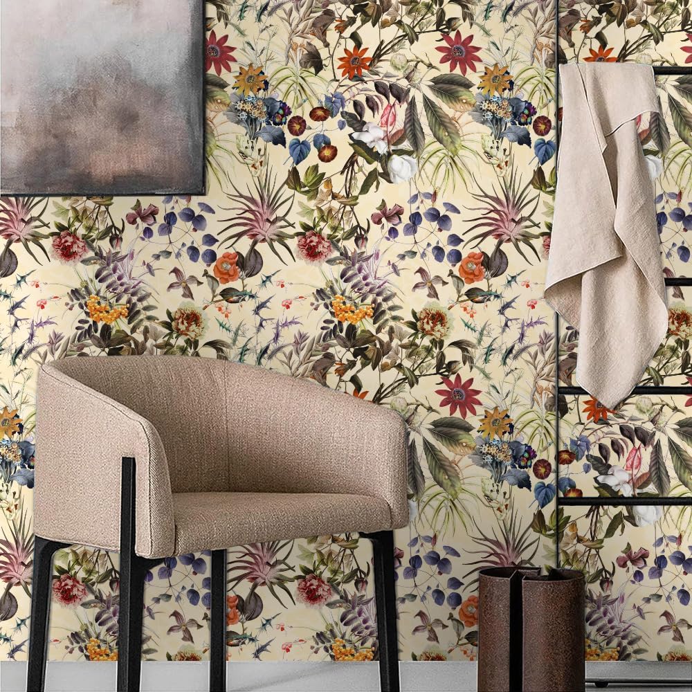 Papel tapiz autoadhesivo de 18 x 236 pulgadas, diseño bohemio de flores silvestres y hojas, papel de contacto extraíble para despegar y despegar,
