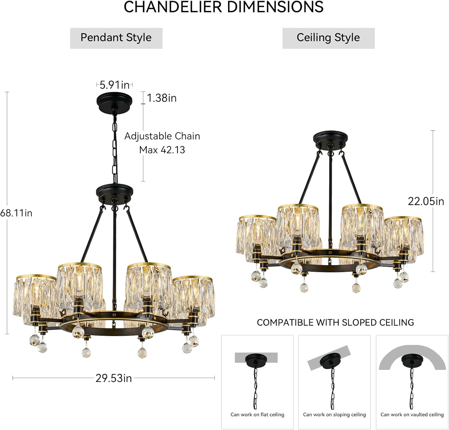 Lámpara de techo semiempotrada para comedor, lámpara de techo lndustrial, lámpara de cristal negro y dorado, lámpara colgante de hierro para sala de