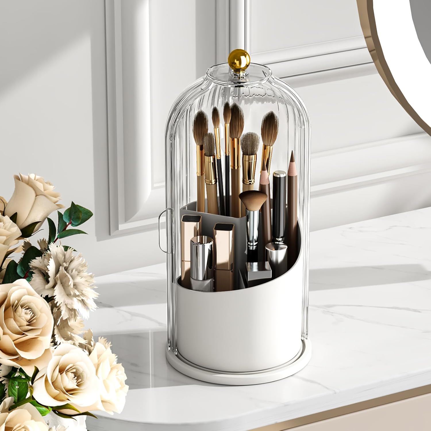 GAXmi Soporte para brochas de maquillaje con tapa, organizador de herramientas cosméticas, giratorio de 360 grados, impermeable, a prueba de polvo,