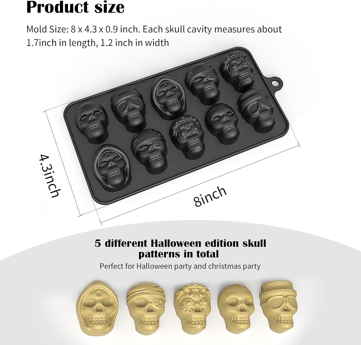 Juego de moldes de calavera 3D de 10 cavidades, molde de silicona para cubitos de hielo, para enfriar, whisky, cócteles, bebidas, pudín, chocolate,