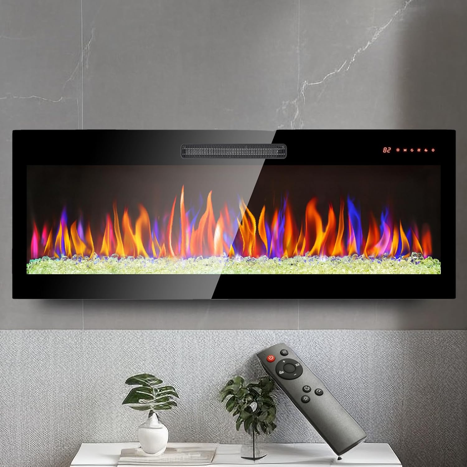 Chimenea eléctrica ultrafina de 60 pulgadas, chimenea empotrada y montada en la pared, calentador de luz LED con control remoto, chimenea eléctrica