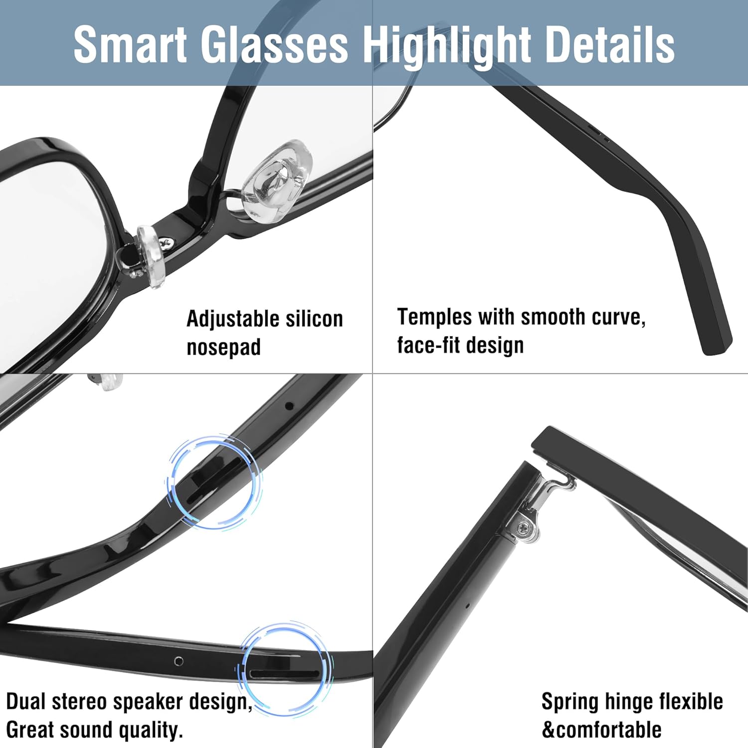 DOVIICO Lentes inteligentes con audio Bluetooth con altavoces, gafas de música, asistente de voz táctil, lentes de luz azul, llamadas manos libres,
