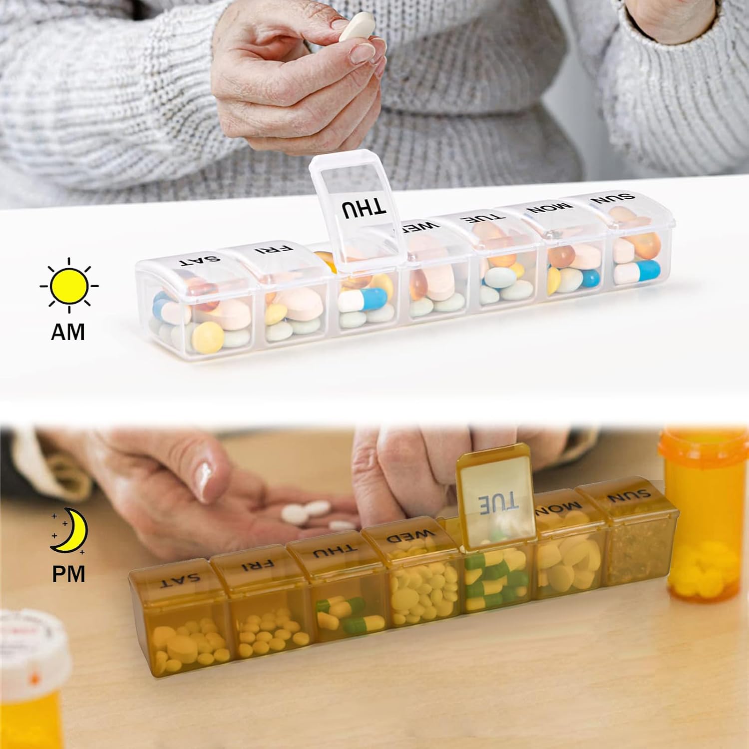 Paquete de 2 organizadores semanales de píldoras, pastillero grande de 7 días, caja de medicina diaria de vitaminas, recipientes de píldoras AMPM