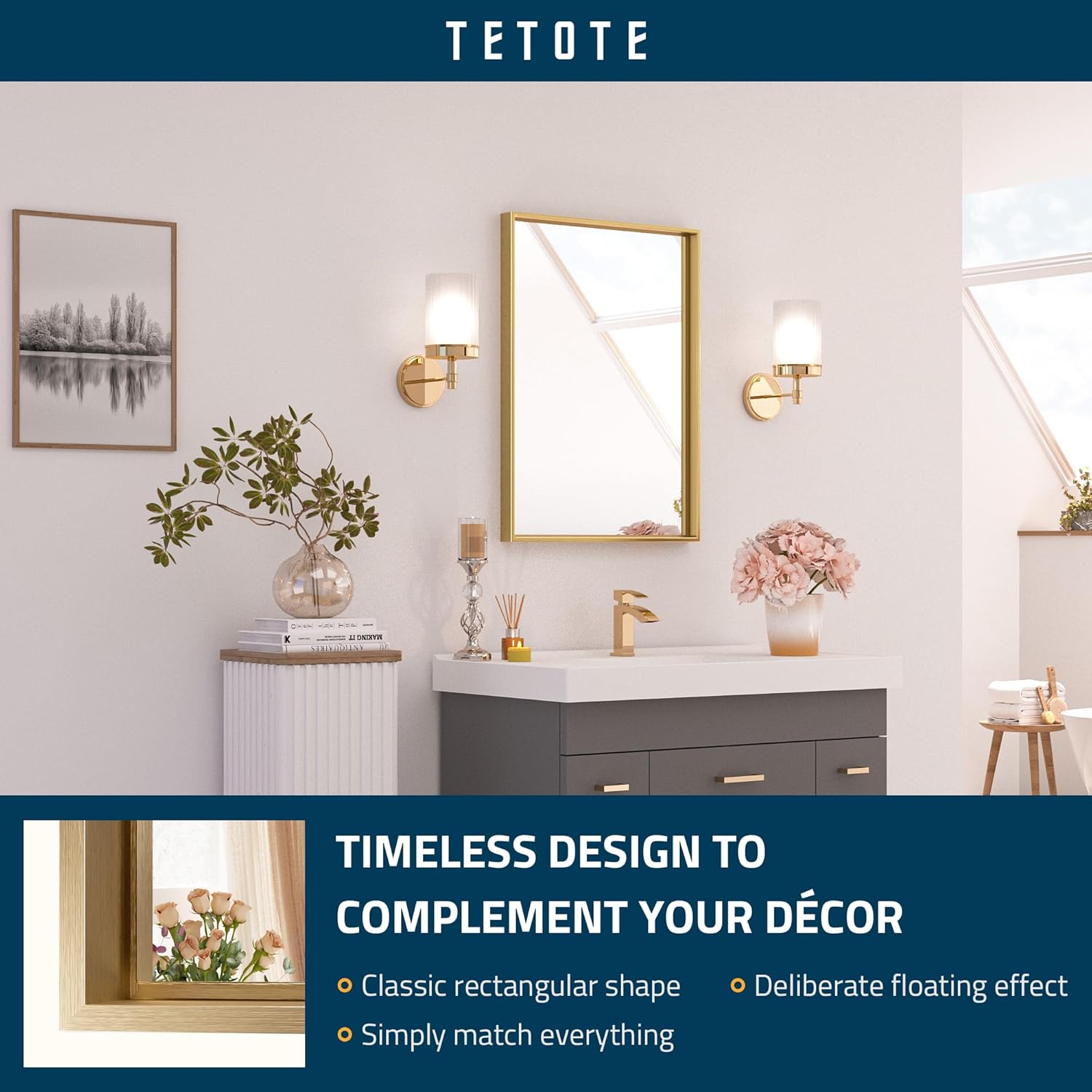 TETOTE Espejo de baño dorado cepillado de 16 x 24 pulgadas, espejo rectangular con marco dorado para sobre el fregadero, moderno espejo de pared