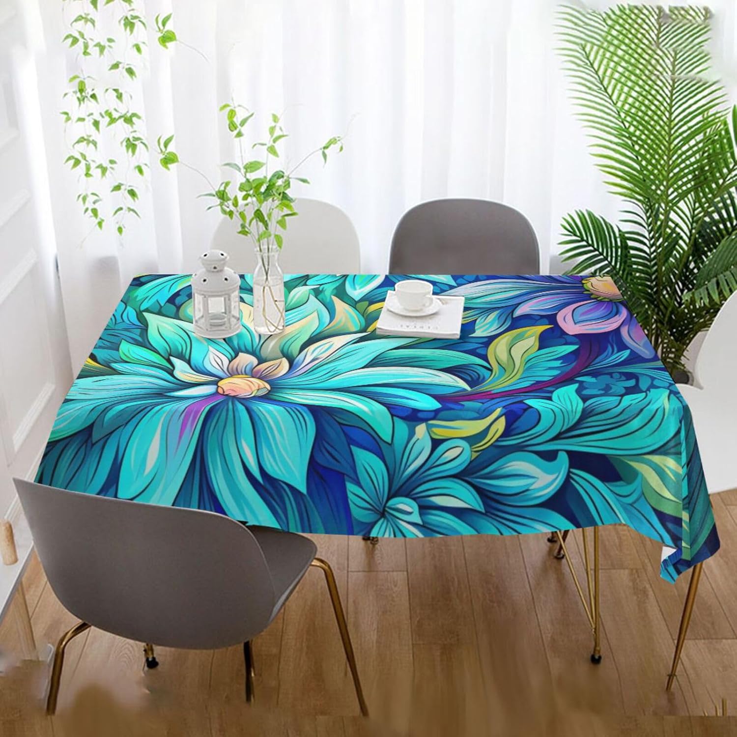 ZOEO Mantel rectangular con estampado de flores Bohomia color azul, moderno, mantel de cocina y comedor, mantel decorativo lavable para fiestas,