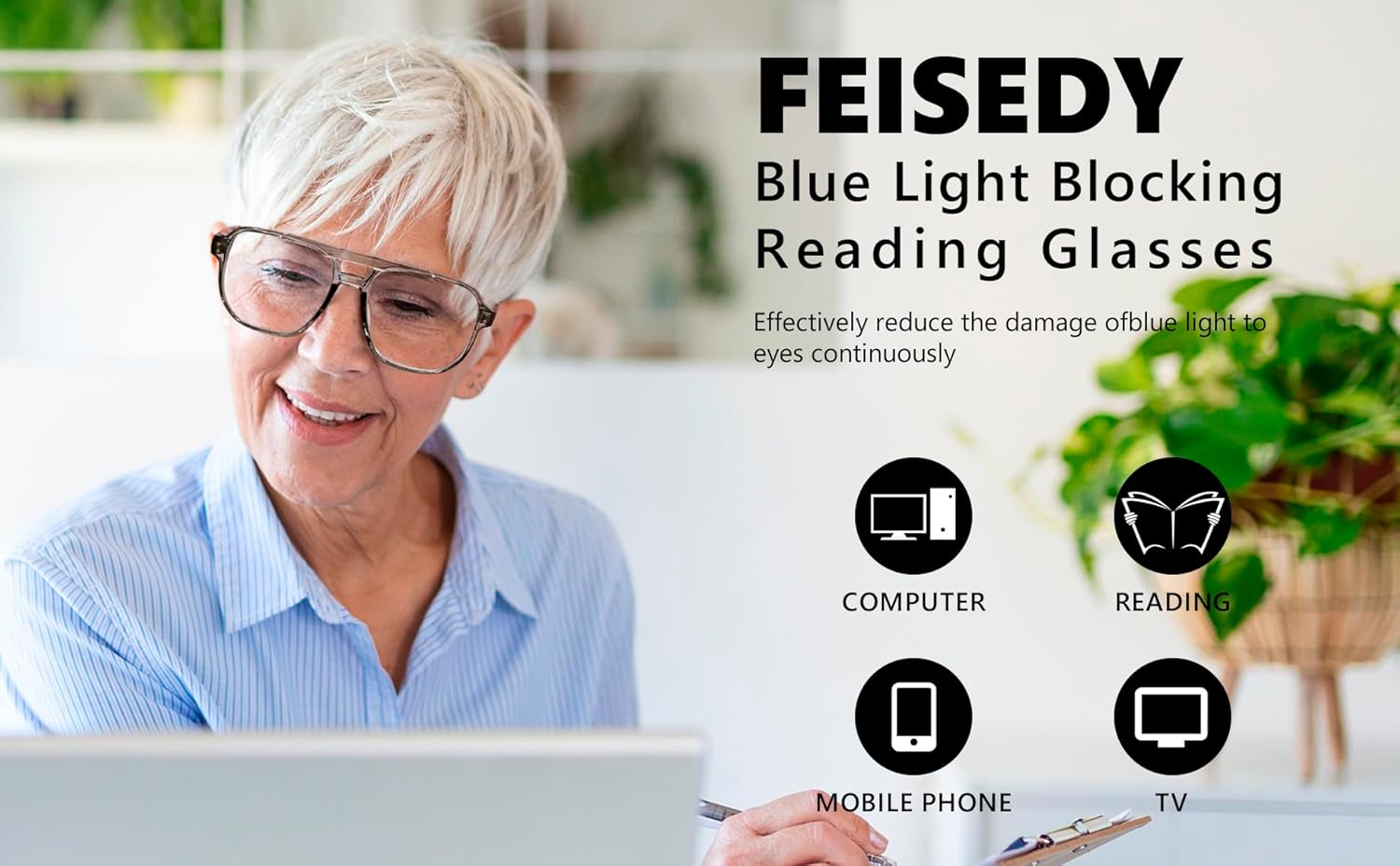FEISEDY Retro Aviador Lectura Gafas Mujeres Hombres Azul Bloqueo Luz Lector Plástico Ligero Marco B0071