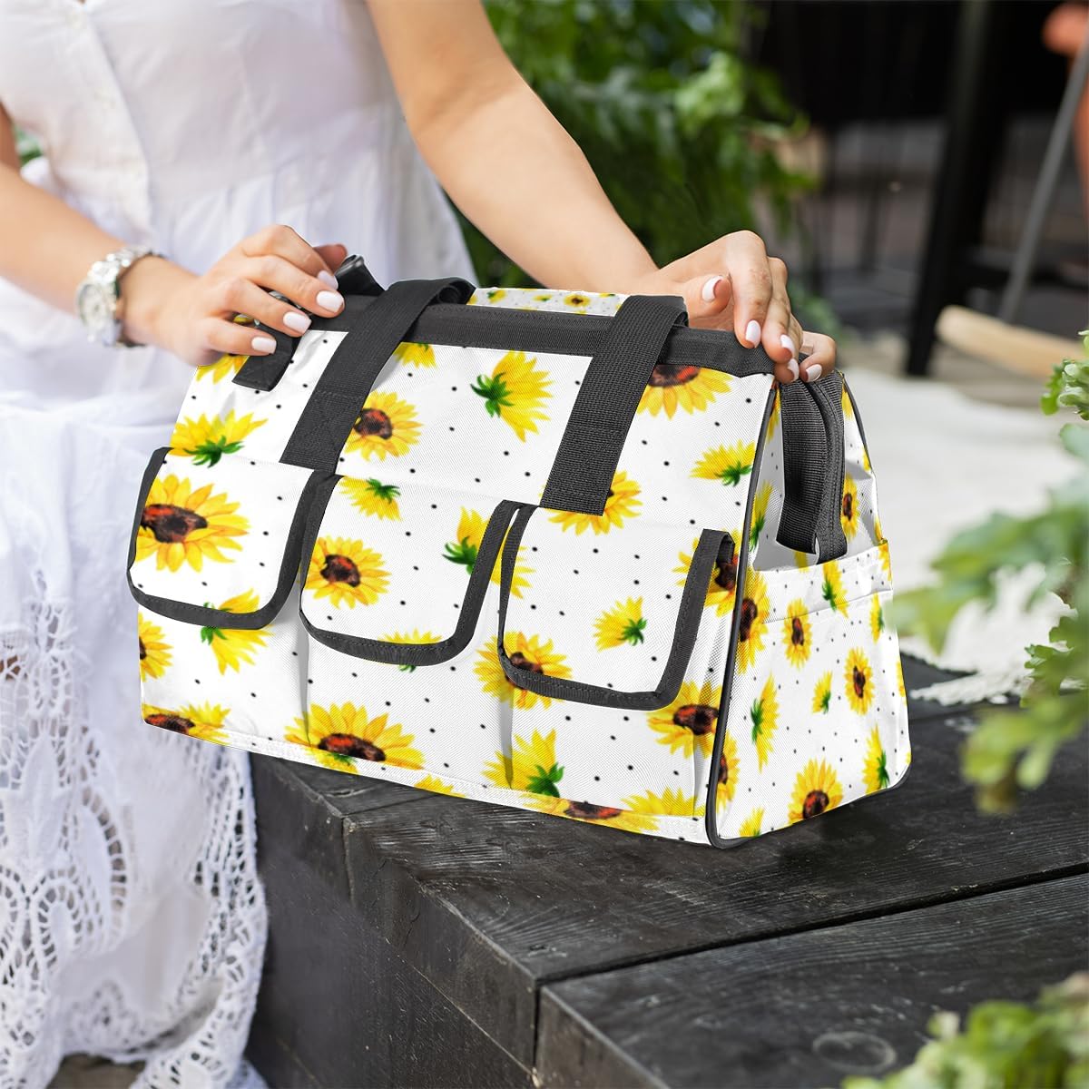 Bolsa de herramientas con patrón de girasol para mujer, organizador de bolsa de herramientas con bolsillos para correa de hombro, duradera, para