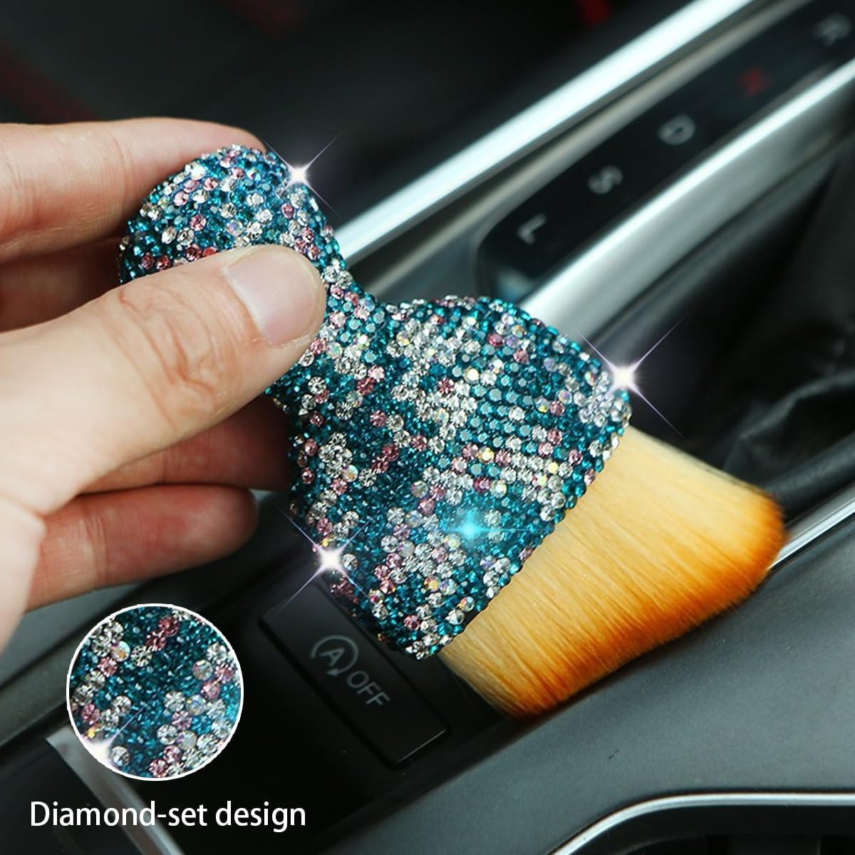 Cepillo de polvo para interior de automóvil, cepillo de limpieza para detalles de automóvil con diamante, mango brillante, herramienta de polvo de