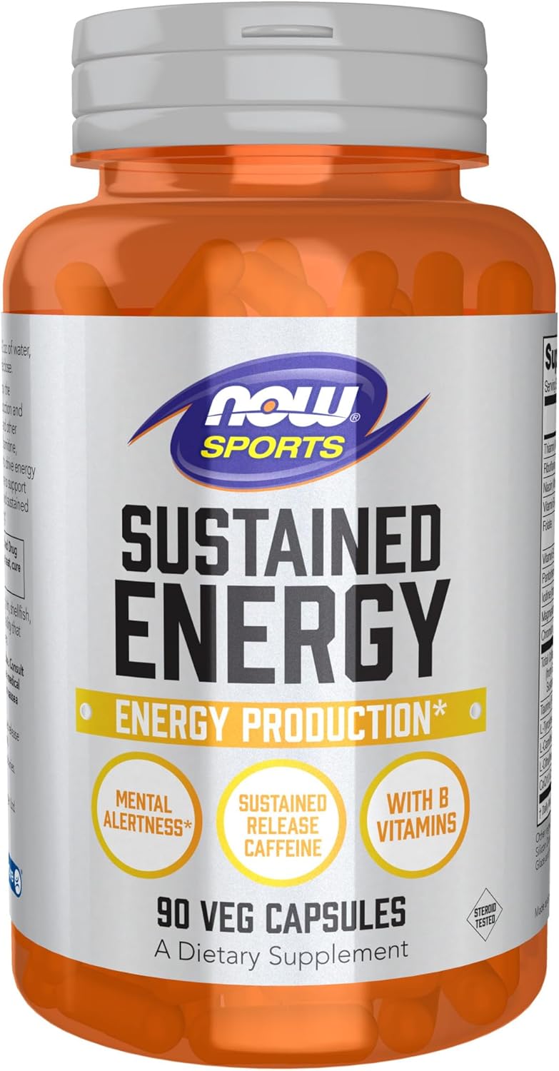 NOW Deportes, Producción de Energía Sostenida de Energía* Alerta Mental* Cafeína de Liberación Sostenida con Vitaminas B 90 Cápsulas Vegetales