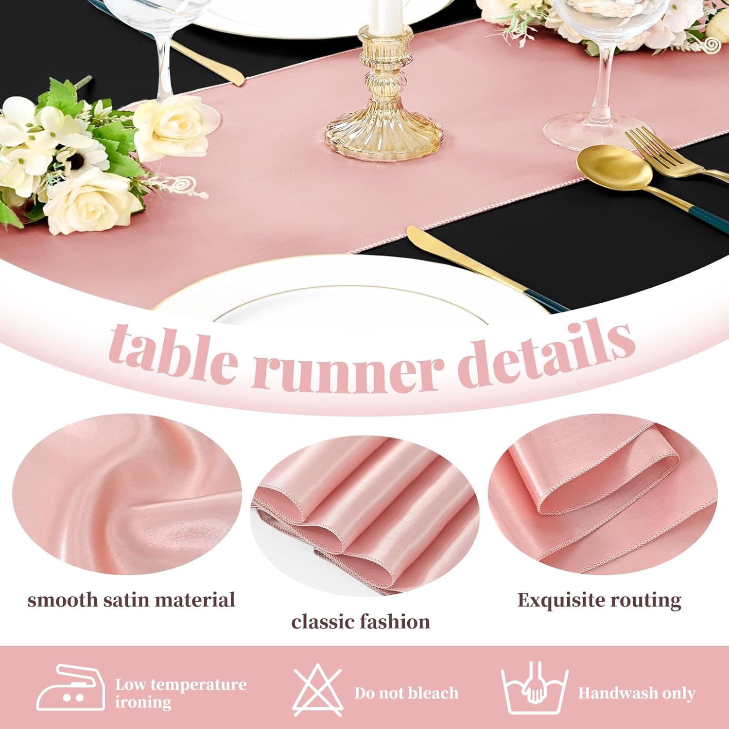 10 manteles desechables de plástico negro de 84 pulgadas con 10 manteles de satén color oro rosa de 12 x 108 pulgadas, manteles impermeables para