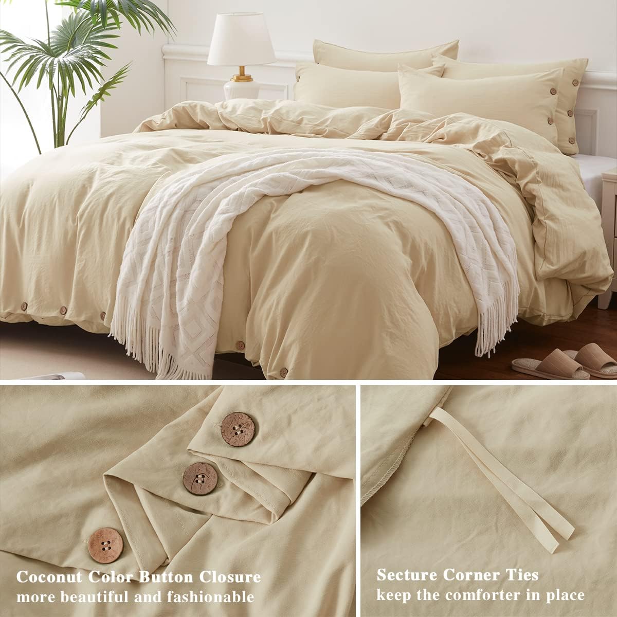 SunStyle Home Juego de funda de edredón beige tamaño individual con cierre de botones, 2 piezas de color liso, lujoso, ultra suave y agradable para