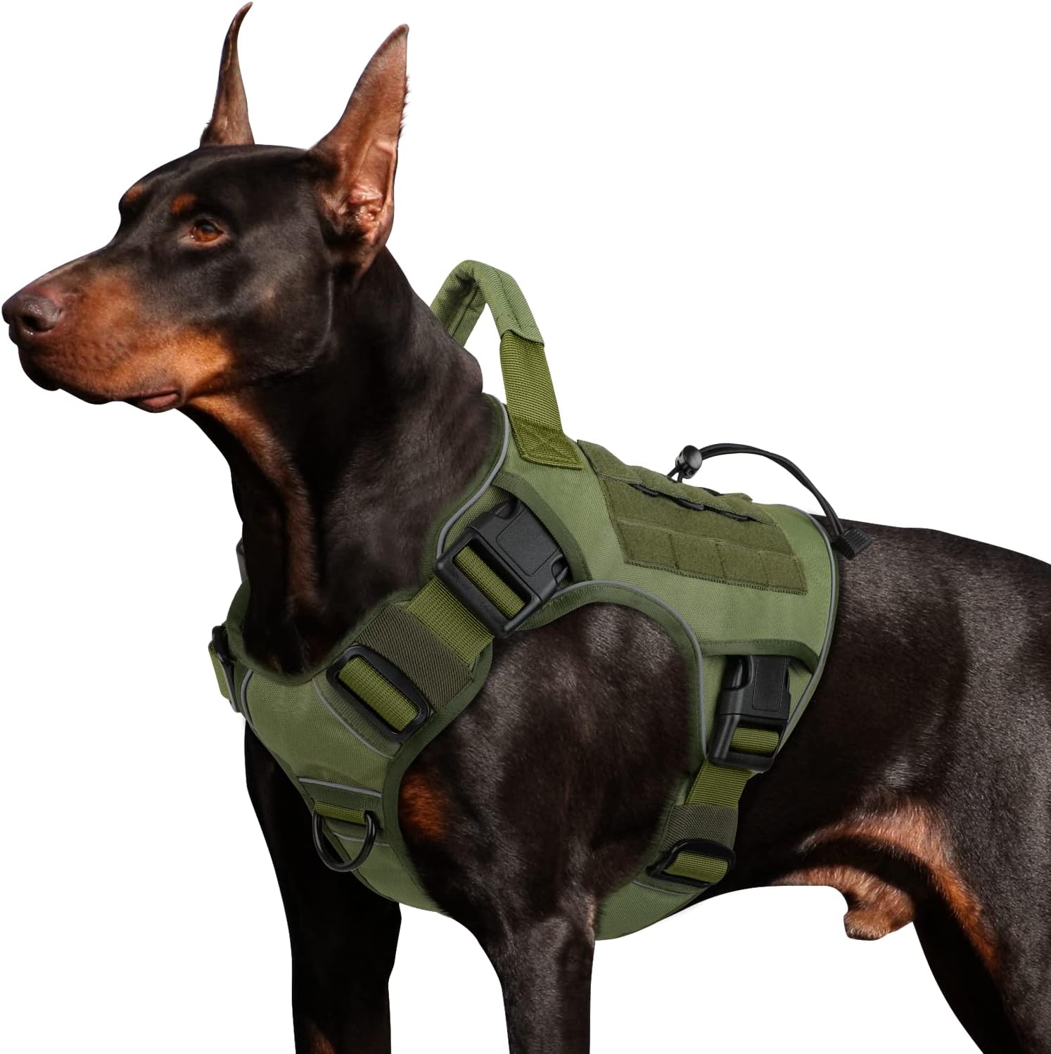 WINGOIN Arnés táctico verde con asa para perros grandes, antitirones, ajustable, reflectante, K9, chaleco militar con asa de fácil control y par de