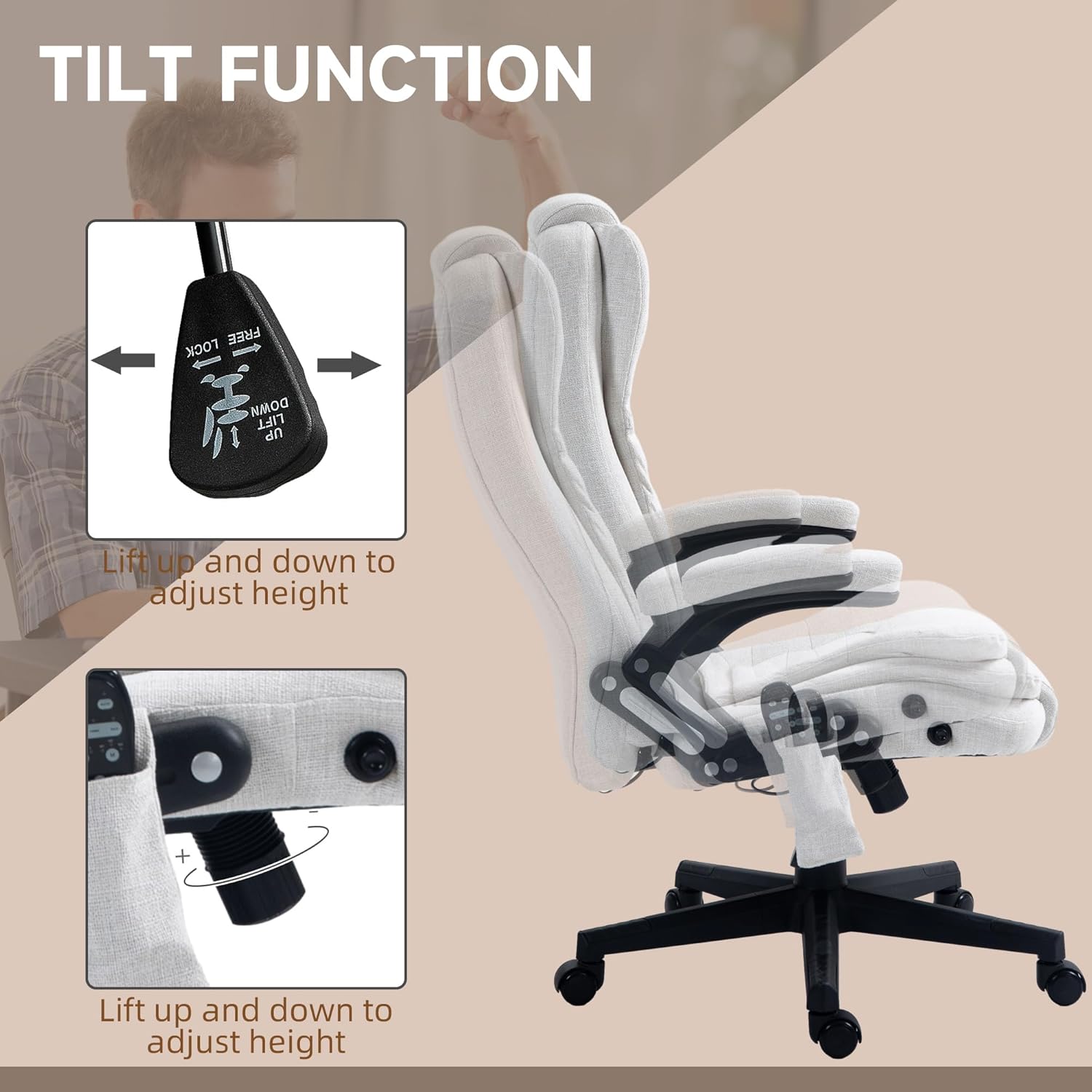 HOMCOM Silla de oficina de masaje vibratorio de 6 puntos con calor, silla de oficina ejecutiva de lino con respaldo alto y respaldo reclinable,