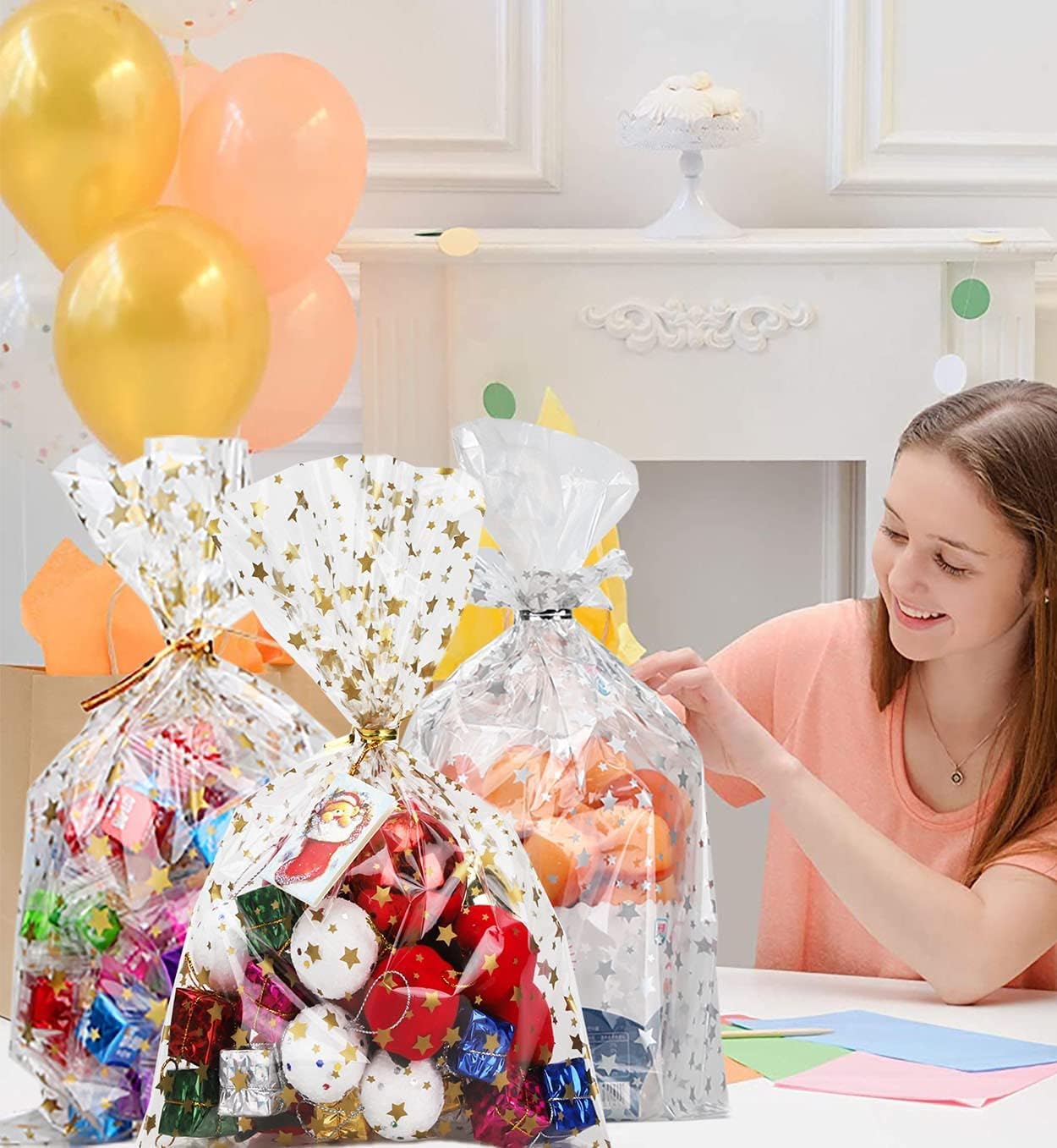 COQOFA 200 bolsas de regalo con estampado de estrellas de 4 x 9 pulgadas, bolsas de celofán para regalo, bolsas de regalo de fiesta, bolsas