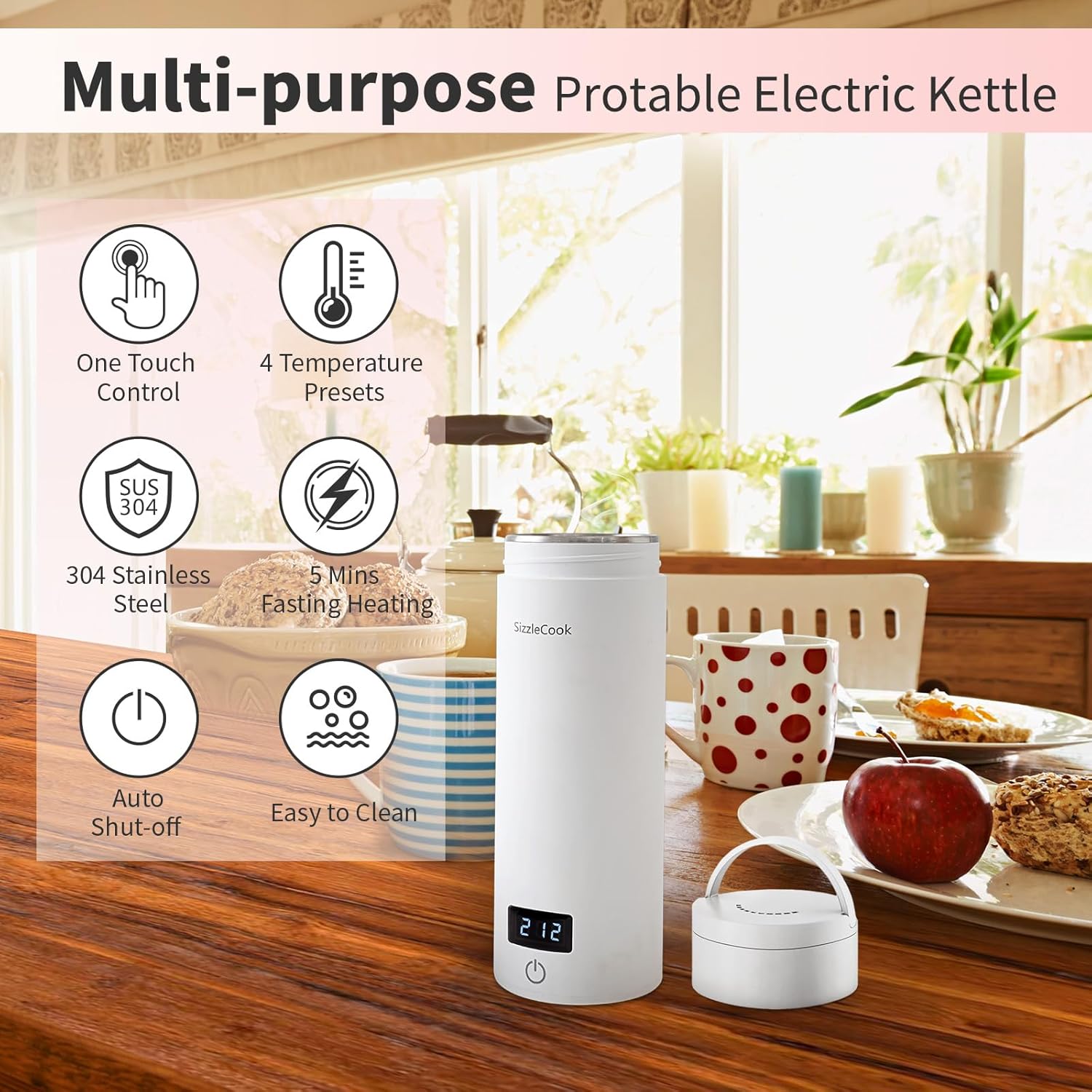 Hervidor eléctrico de viaje, caldera de agua caliente portátil para té, café, caldera de agua pequeña de 12.8 fl oz con control de temperatura,