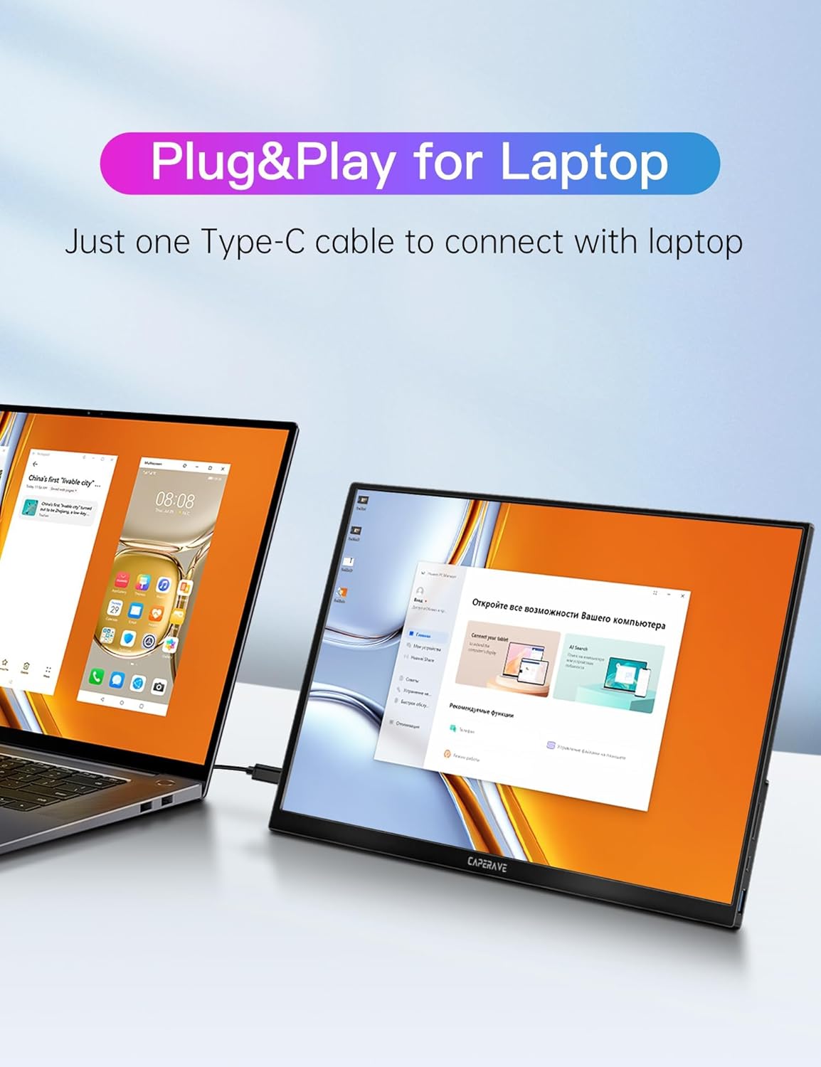 CAPERAVE Monitor portátil para laptop, monitor de viaje FHD de 15.6 pulgadas 1080P con soporte y altavoz, segundo monitor USB C HDMI, pantalla