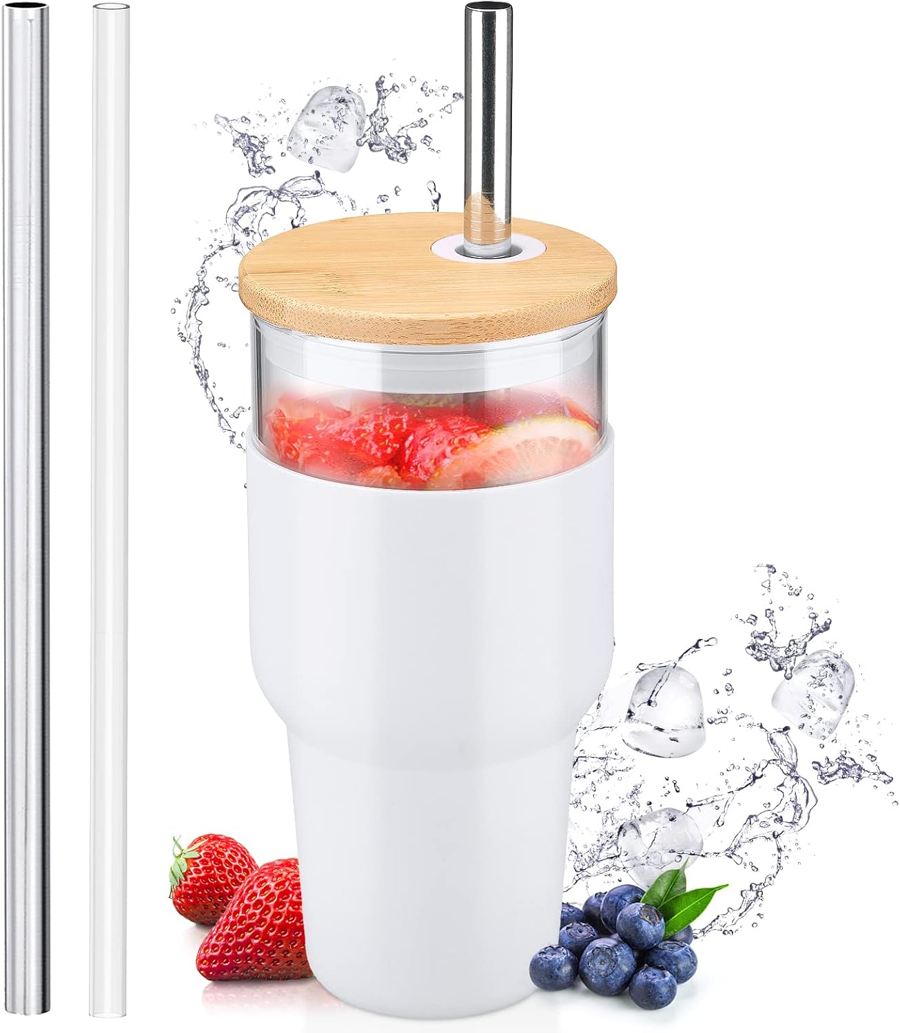 kytffu Vaso con tapa y pajilla, vaso de vidrio de 24 onzas para soporte de tazas, vaso de café helado para té de burbujas, agua, jugo, con funda de