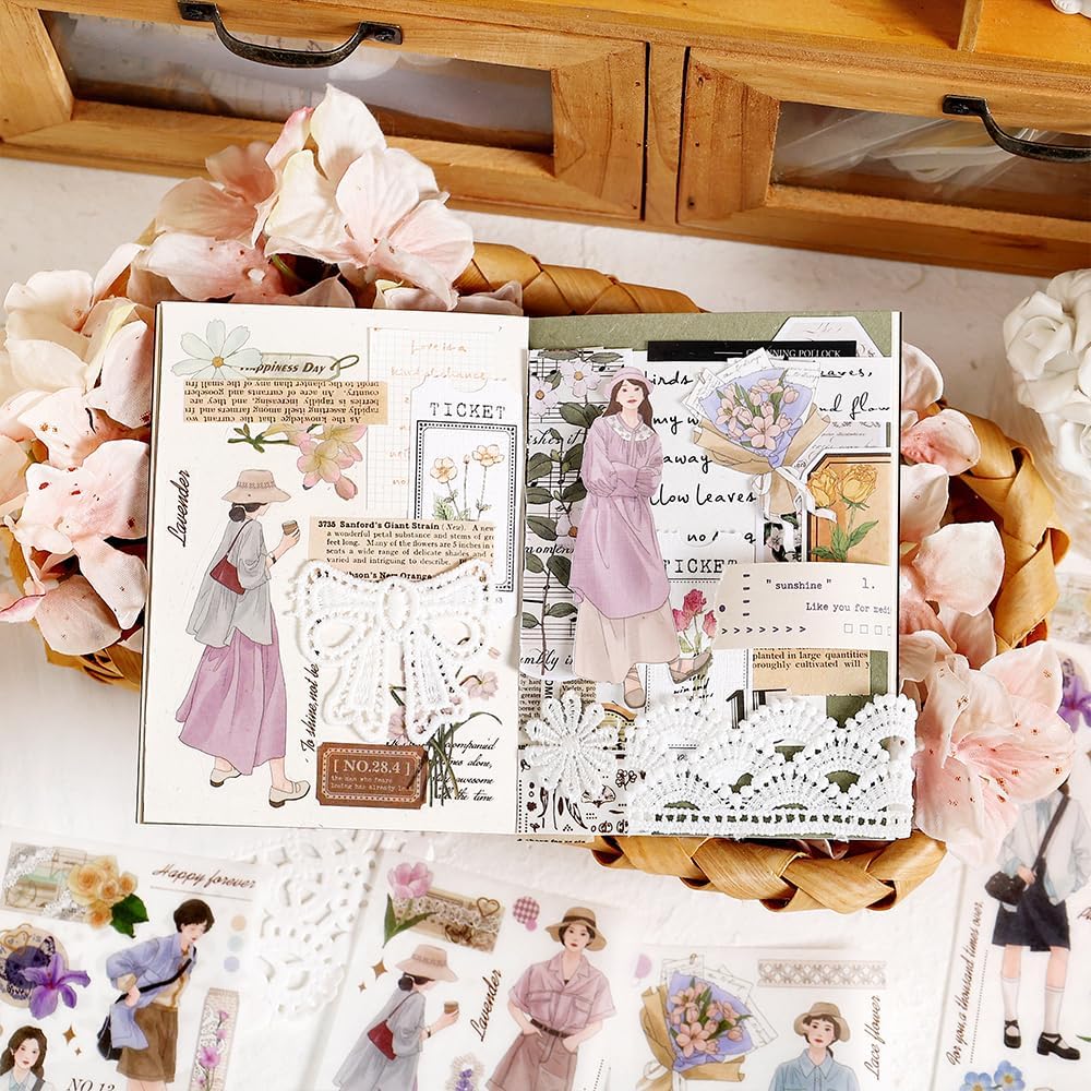 Dwpetzo Calcomanías para álbumes de recortes para diario de viñetas, 24 hojas Morandi Girls Flowers Retro Aesthetic Stickers Set de calcomanías para