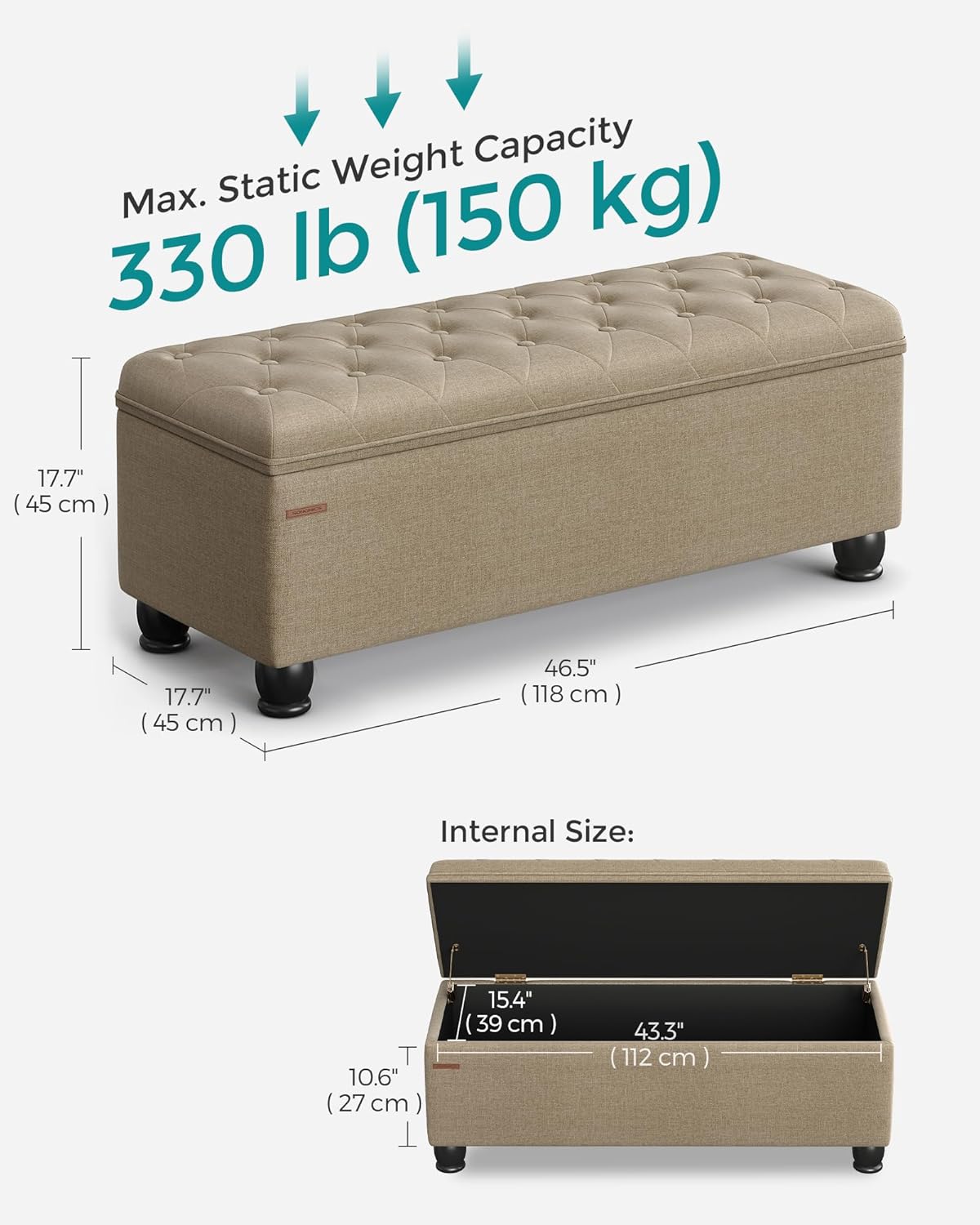 SONGMICS – Banco otomano para almacenamiento, patas de madera, tapa con bisagras, para entradas, dormitorios, 17.7 x 46.5 x 17.7pulgadas, soporta