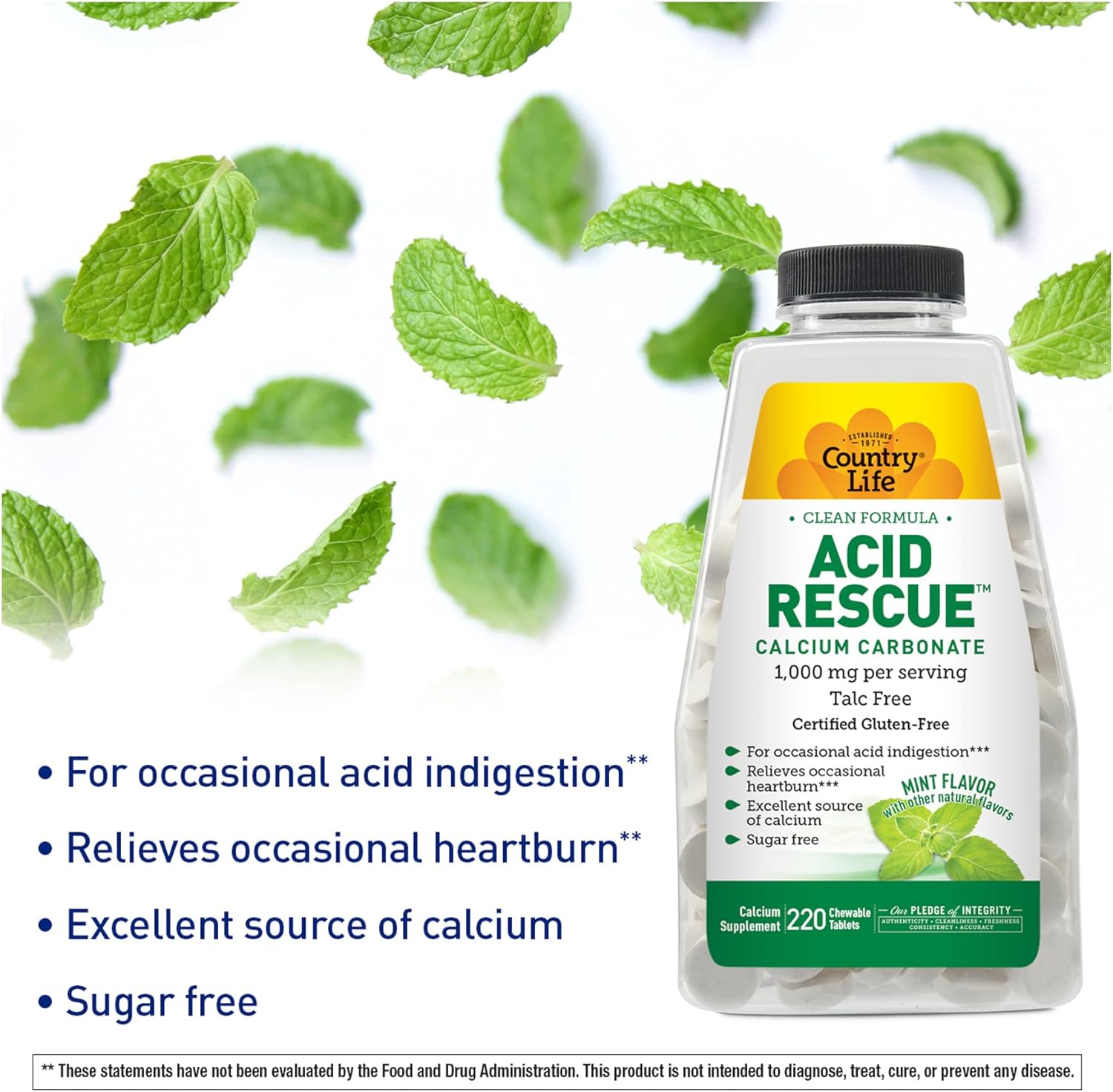 Country Life Acid Rescue – Carbonato de calcio, fórmula limpia, 1,000 mg, sin talco, 220 tabletas masticables de sabor a menta, sin azúcar,