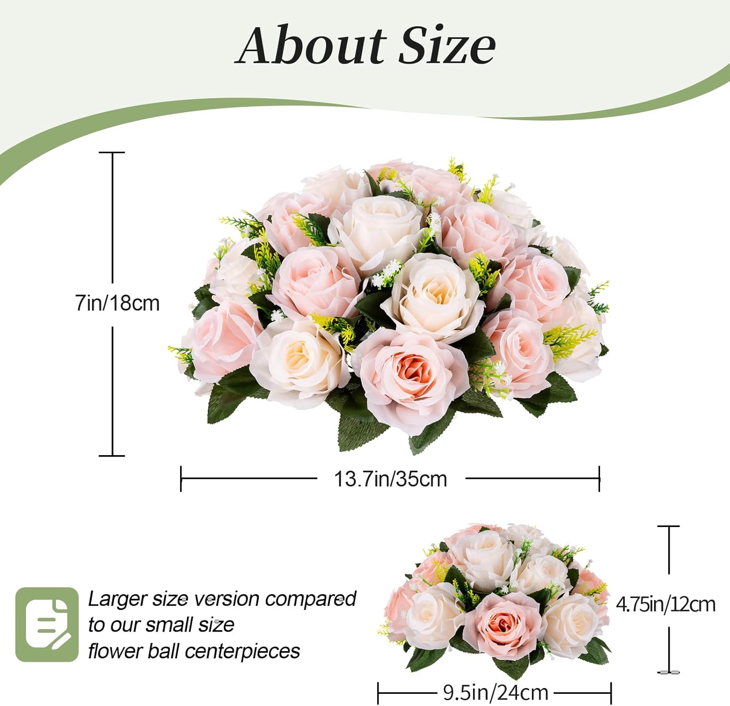 BLOSMON Centros de mesa de bola de flores falsas, 2 piezas de flores artificiales de 13.7 pulgadas, gran rubor y rosa blanca crema, arreglo central