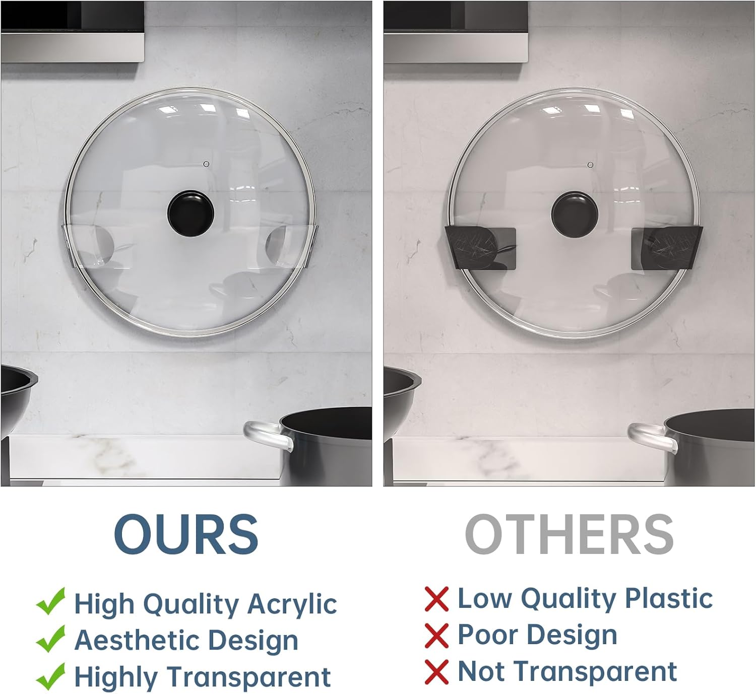 NiHome 6 organizadores de tapas acrílicas para ollas de pared con adhesivo avanzado de nano-gel, soporte para tapa de olla con elegante diseño