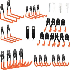 Rlipily Paquete de 30 ganchos de garaje de acero resistente para garaje, ganchos de almacenamiento de acero para montaje en pared, colgador y Rlipily Paquete de 30 ganchos de garaje de acero resistente para garaje, ganchos de almacenamiento de acero para montaje en pared, colgador y