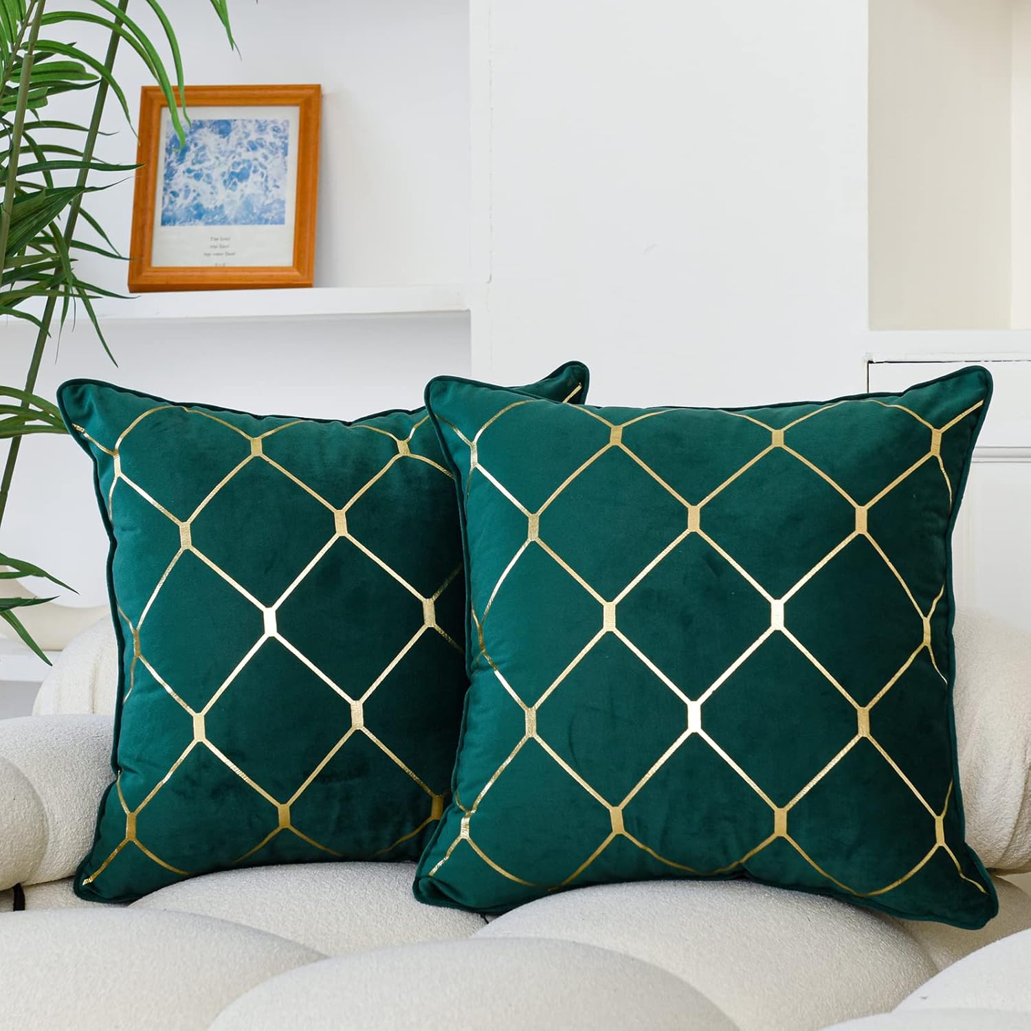 WACOMECO Fundas de almohada doradas, paquete de 2 fundas de cojín decorativas de terciopelo suave para sofá, decoración del hogar, verde esmeralda,