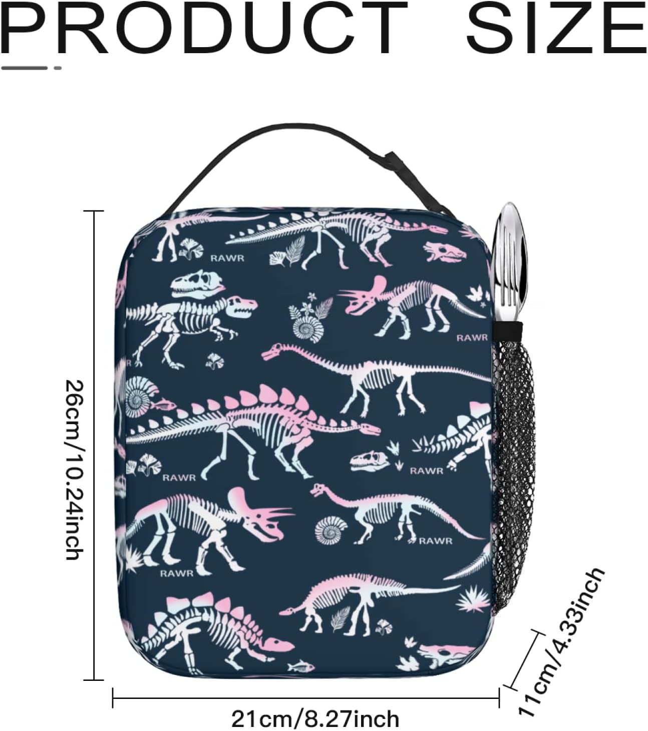 Lonchera con diseño de esqueleto de dinosaurios, huesos de dinosaurio degradado rosa y blanco, reutilizable, aislada, con correa para el hombro,