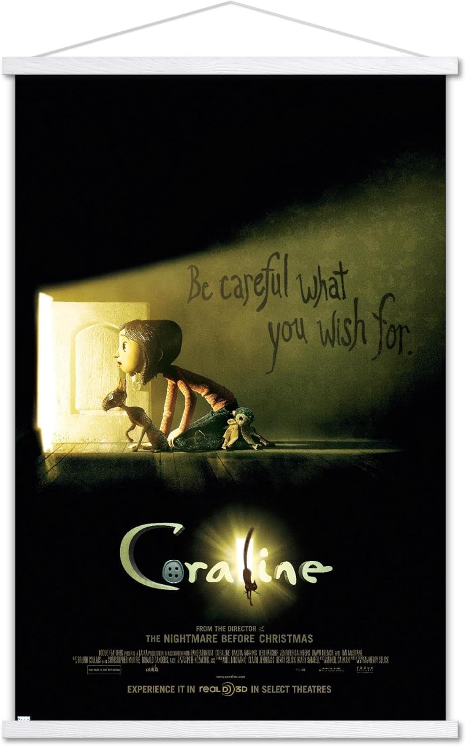 Trends International Coraline – Póster de pared de una hoja con texto en inglés Be Careful, 22.37 x 34.00 pulgadas, paquete de impresión prémium y