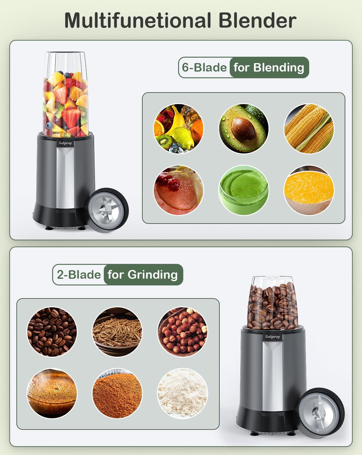 Licuadora de batidos de 1300 W, licuadora personal para batidos y batidos con bandeja de hielo, 2 tazas para llevar, sin BPA (gris)