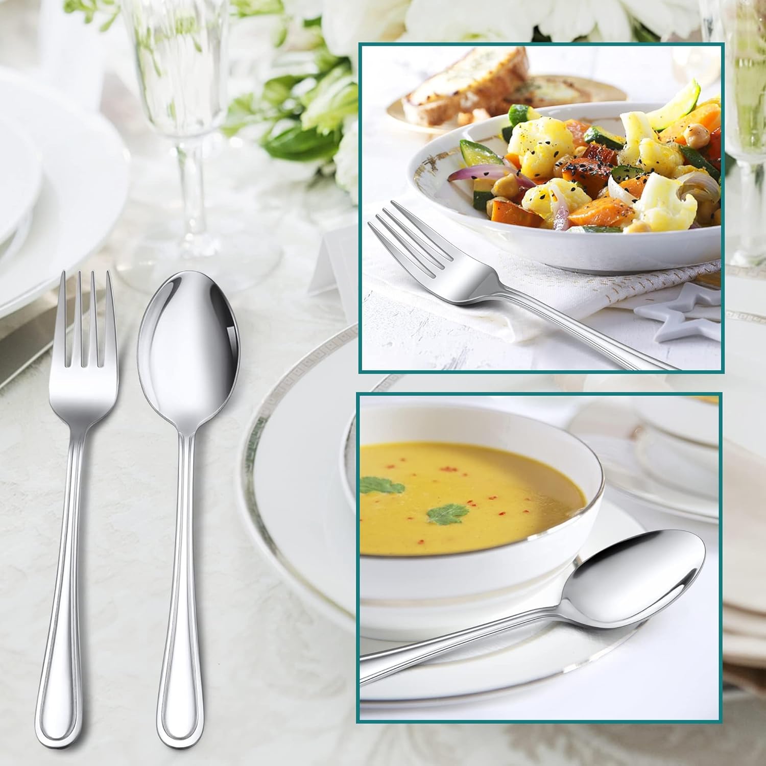 E-far – Juego de 16 cucharas y tenedores de acero inoxidable, 8 tenedores y 8 cucharas de cena, cubiertos de metal modernos para cocina y
