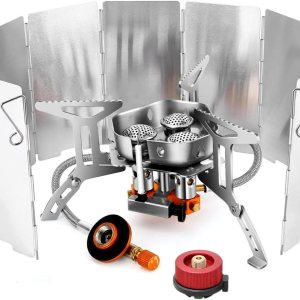 Estufa de camping de 3 núcleos con parabrisas plegable, adaptador de recipiente de combustible y estuche de almacenamiento, juego de estufa de Estufa de camping de 3 núcleos con parabrisas plegable, adaptador de recipiente de combustible y estuche de almacenamiento, juego de estufa de